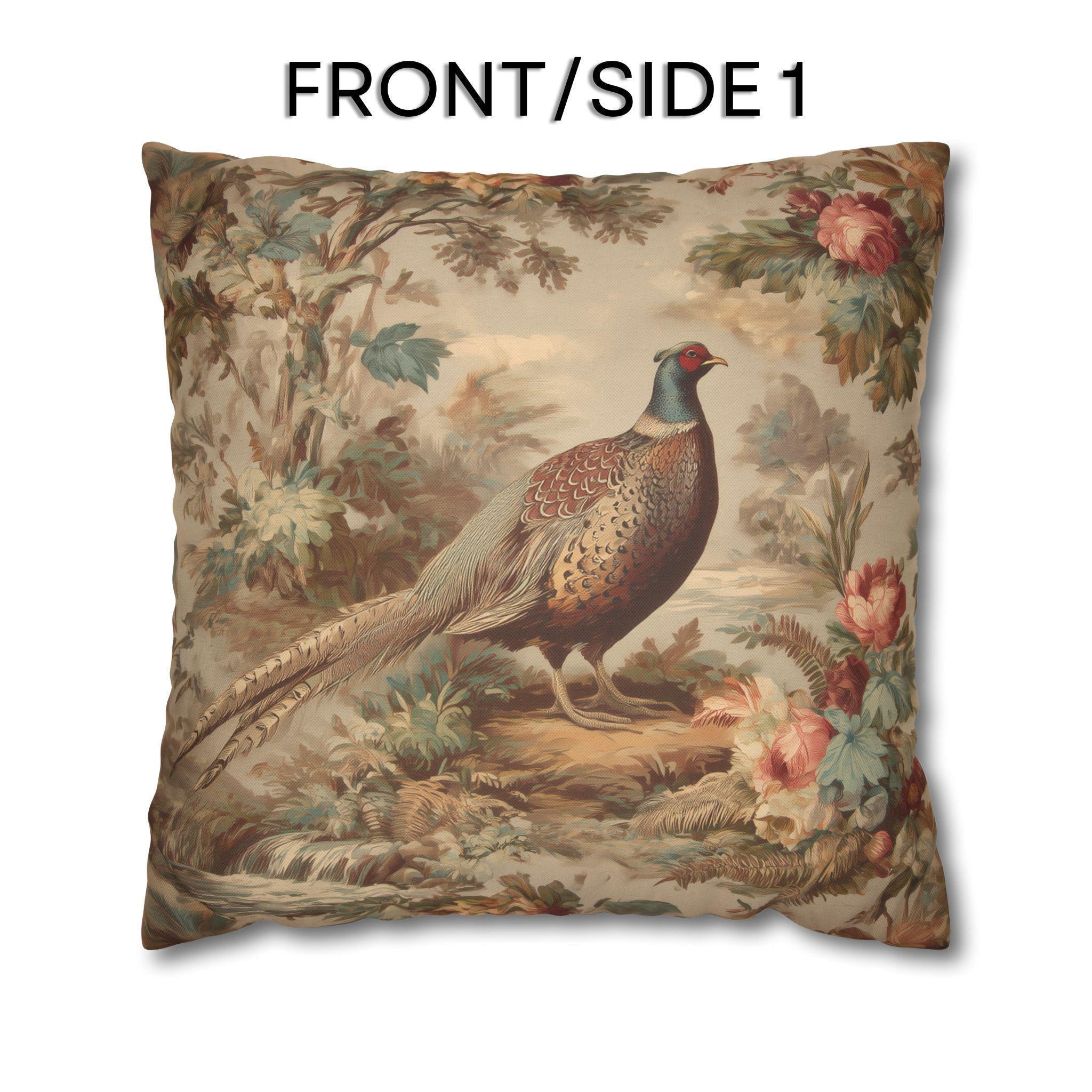 French Country Pheasant Throw Pillow Cover: Vintage Style Toile Bird Design