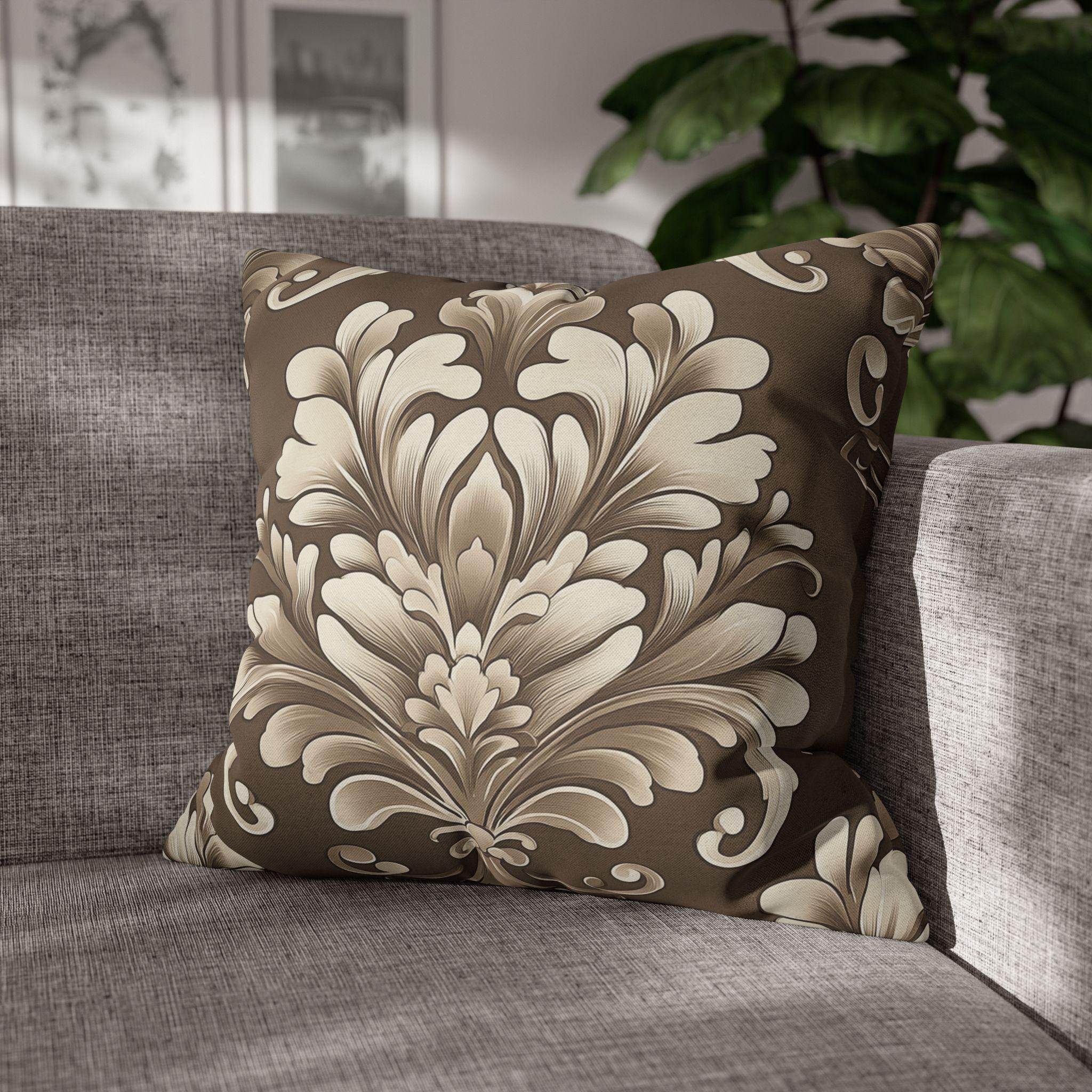 Damask Pillow Cover: Cream Beige Floral on Mocha Brown