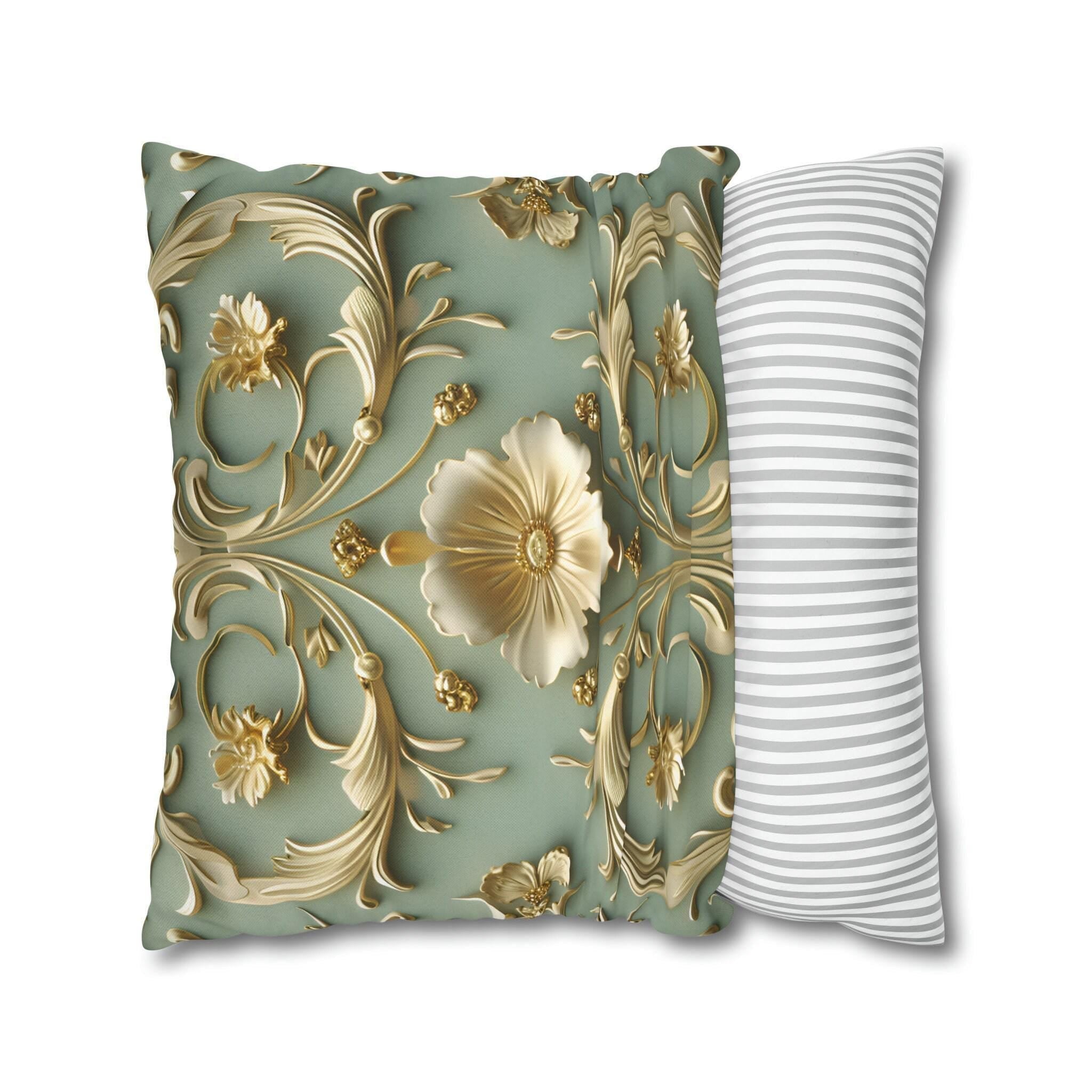 Elegant French Floral 3D Pillow Cover: Teal Blue & Gold Intricate Design for Classical Decor