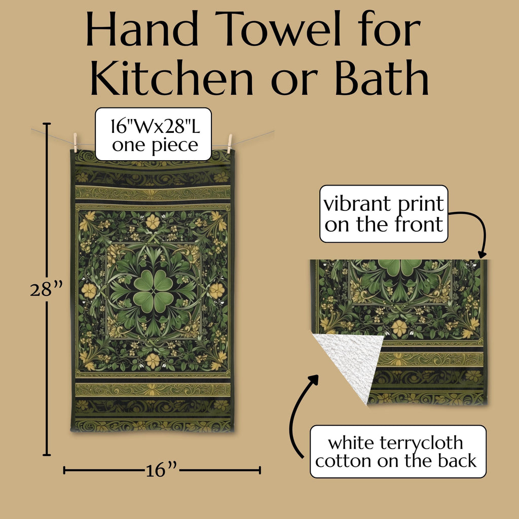 Celtic Clover Botanical Hand Towel: William Morris Inspired Green Tapestry for Bath or Kitchen