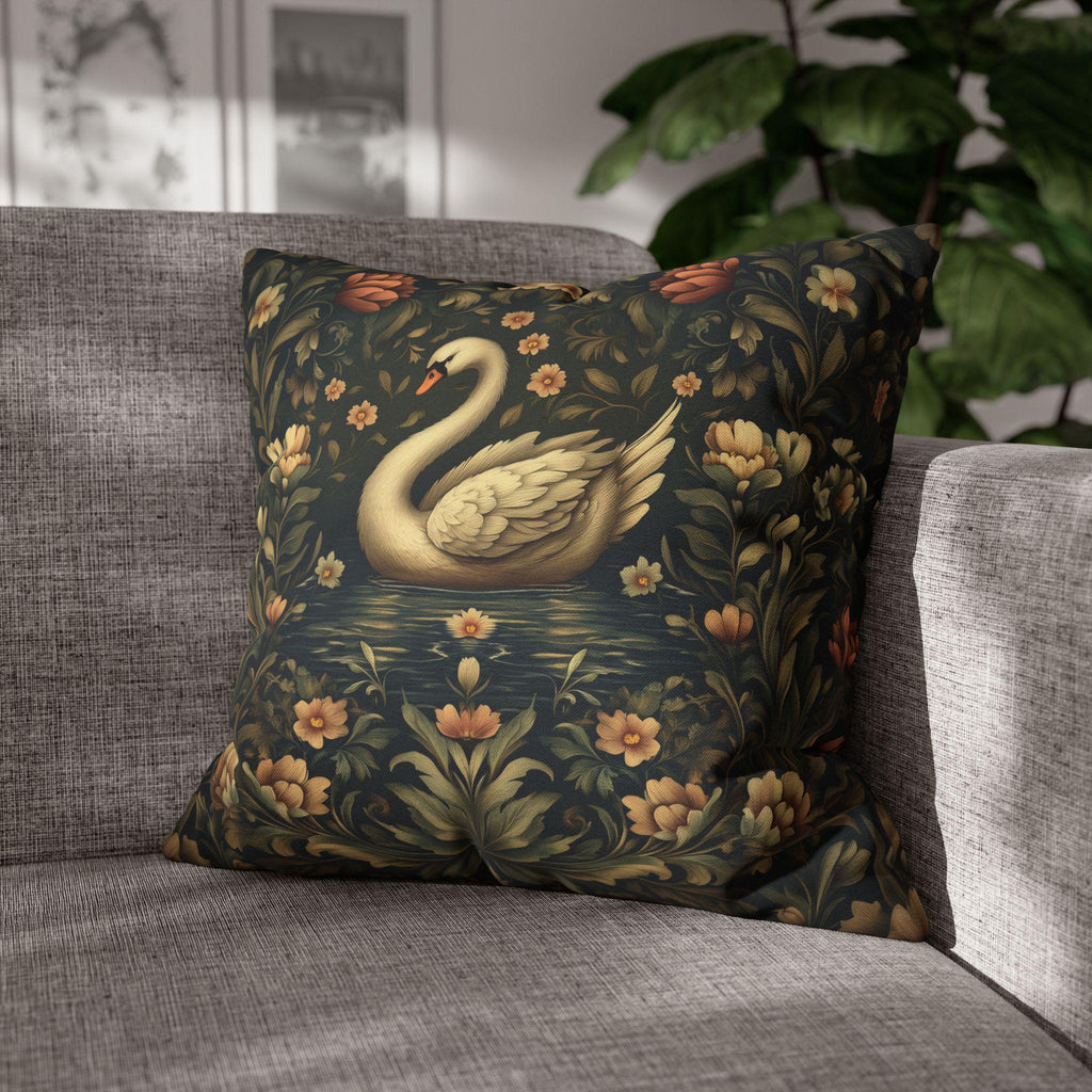 William Morris Inspired Swan Lake Decorative Pillow Cover: Moody Floral Fairytale Cushion Case
