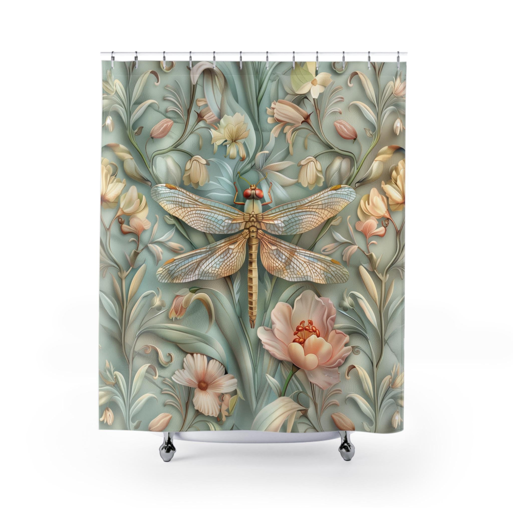 William Morris Dragonfly Shower Curtain: Elegant Floral Nature Design