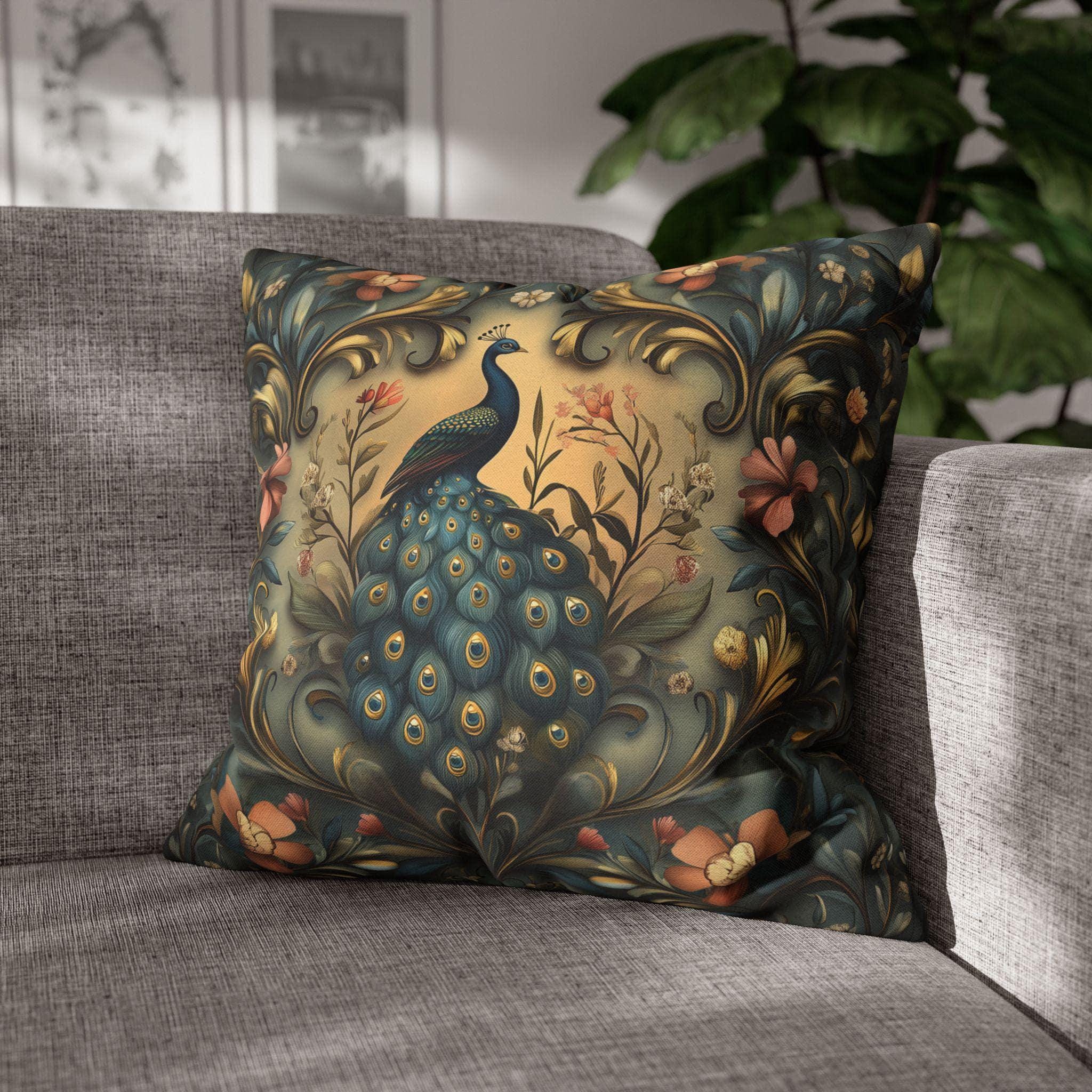 Peacock Pillow Cover: William Morris Floral Tapestry Design