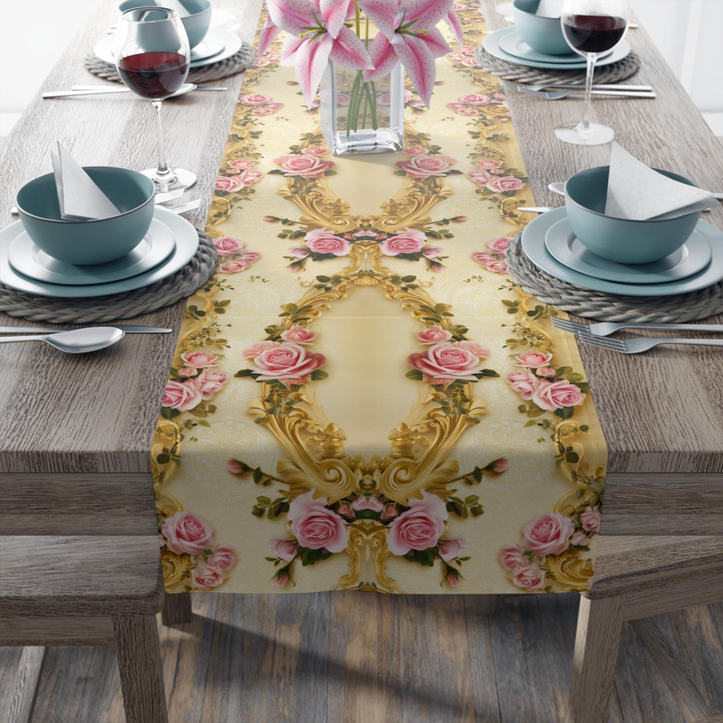 Wedding Table Runner with Pink Roses and Gold Scrollwork: Romantic Victorian Floral
