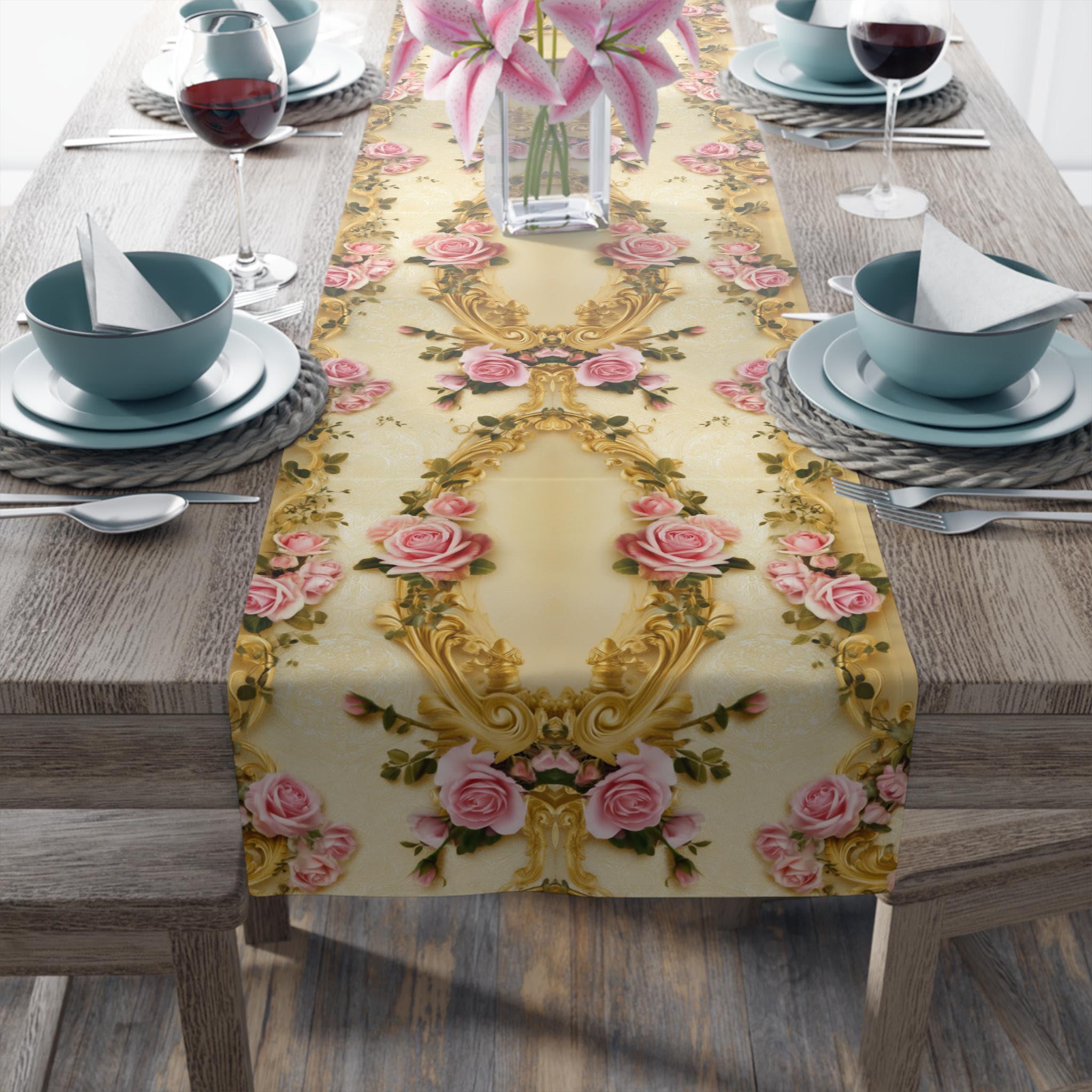 Wedding Table Runner with Pink Roses and Gold Scrollwork: Romantic Victorian Floral