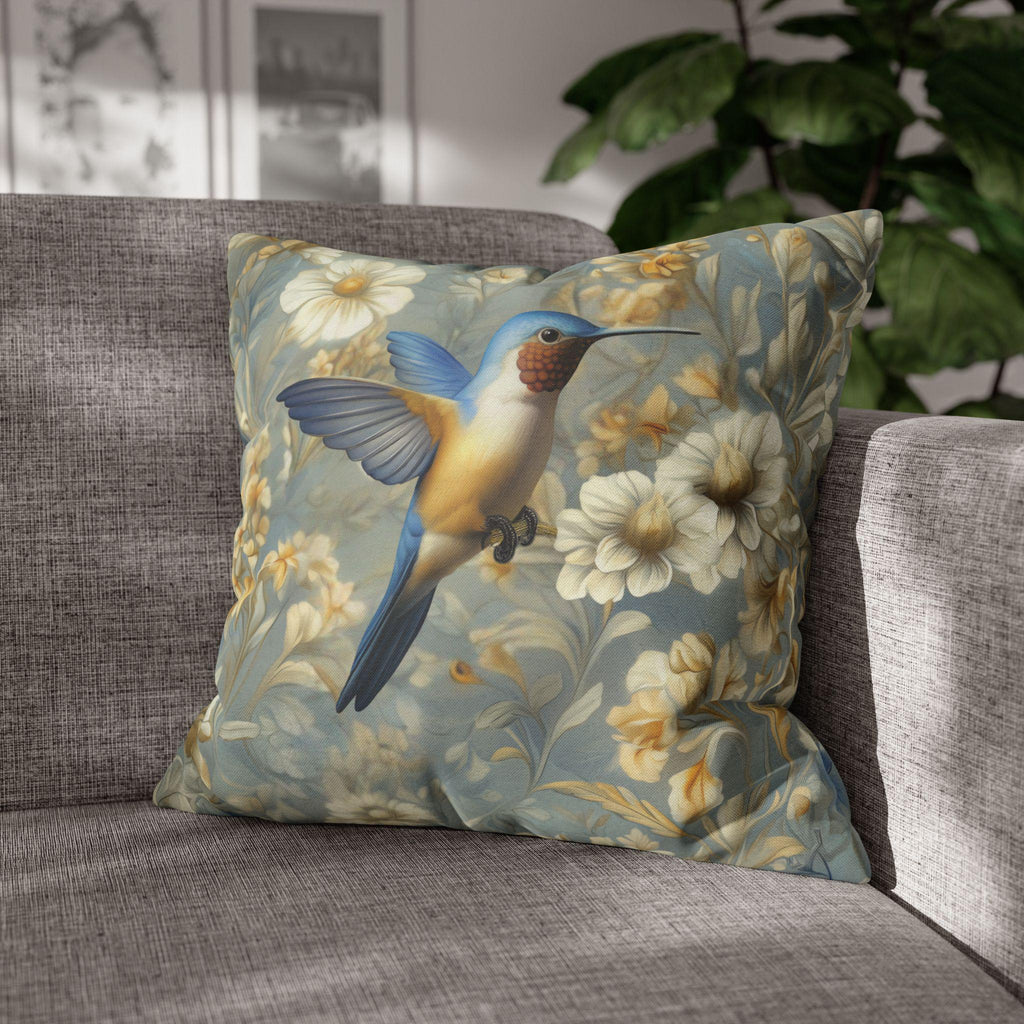 William Morris Hummingbird Pillow Cover: Blue & Gold Arts and Crafts Botanical Cushion Case