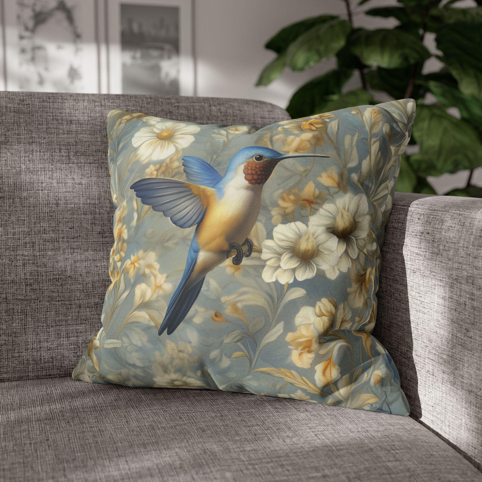 William Morris Hummingbird Pillow Cover: Blue & Gold Arts and Crafts Botanical Cushion Case