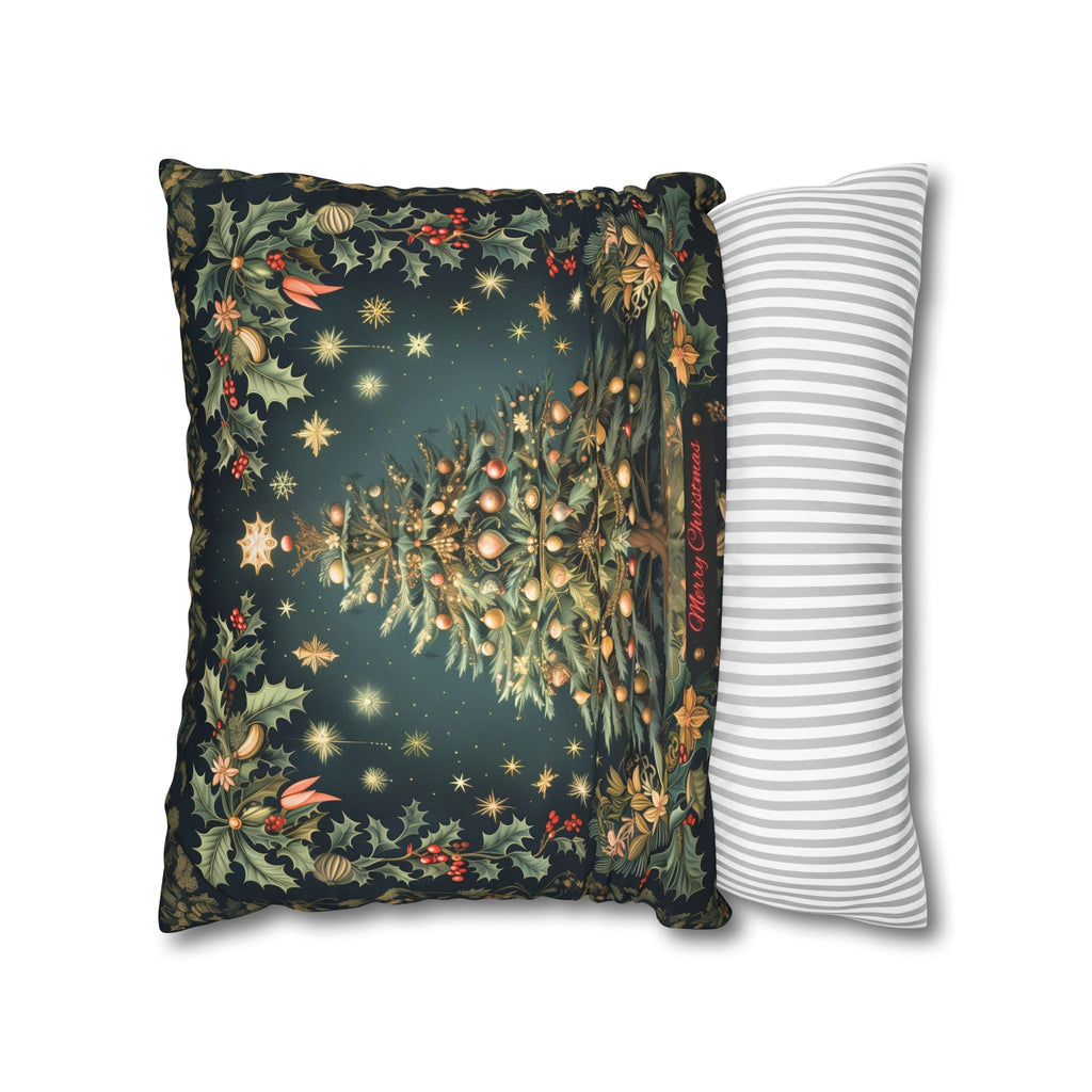 William Morris Merry Christmas 2024 Euro Sham, Gold Red Ornaments on Forest Green and Holly 24x24 & 26x26 inch sizes available