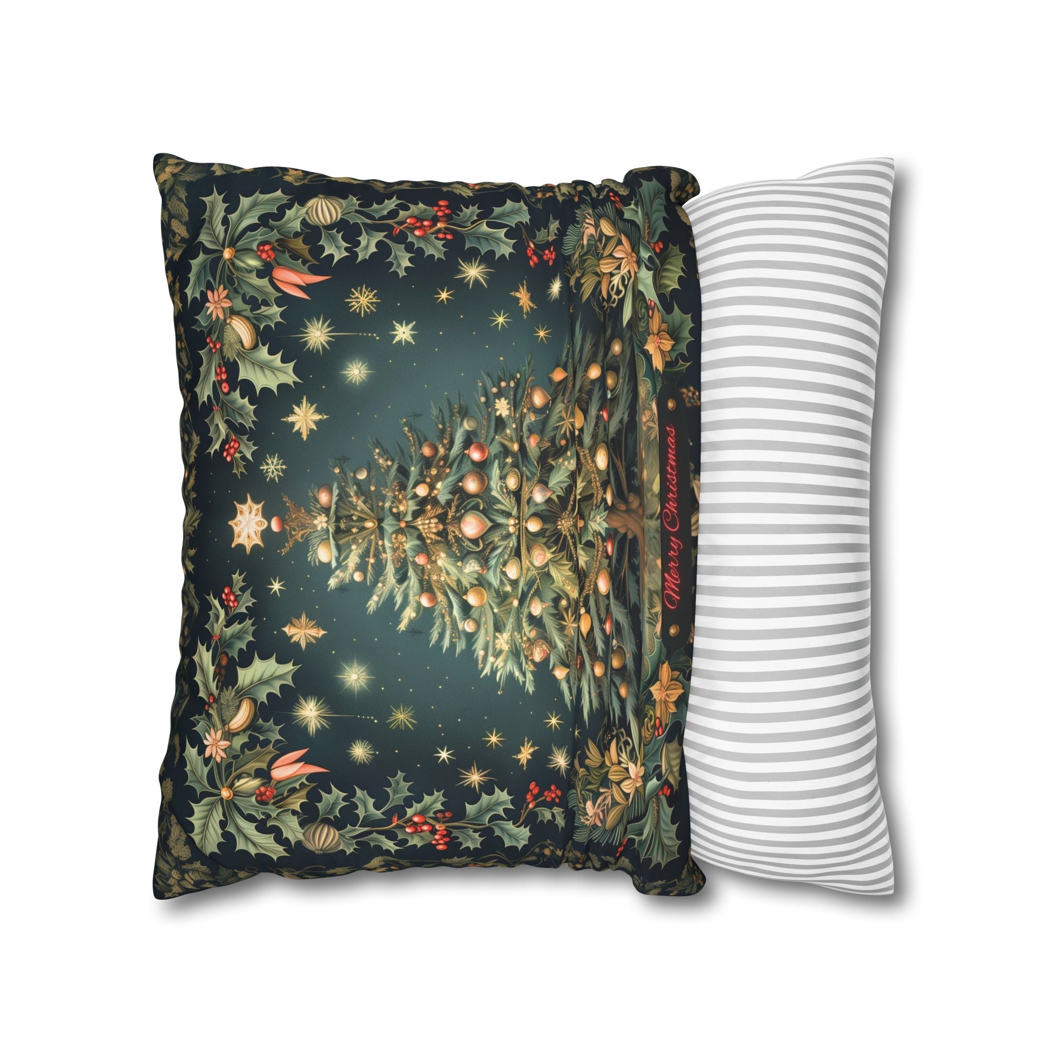 William Morris Merry Christmas 2024 Euro Sham, Gold Red Ornaments on Forest Green and Holly 24x24 & 26x26 inch sizes available