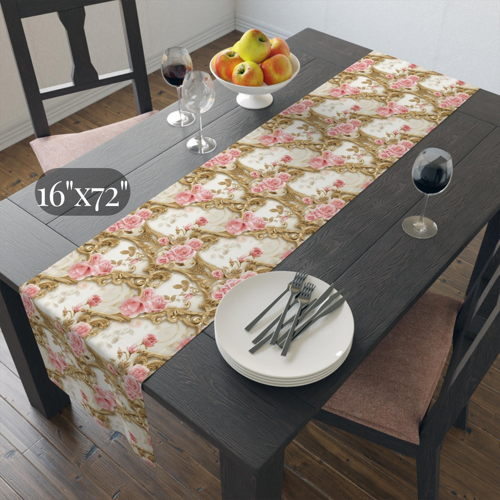 Wedding Table Runner with Pink Roses and Gold Scrollwork: Romantic Floral Decor