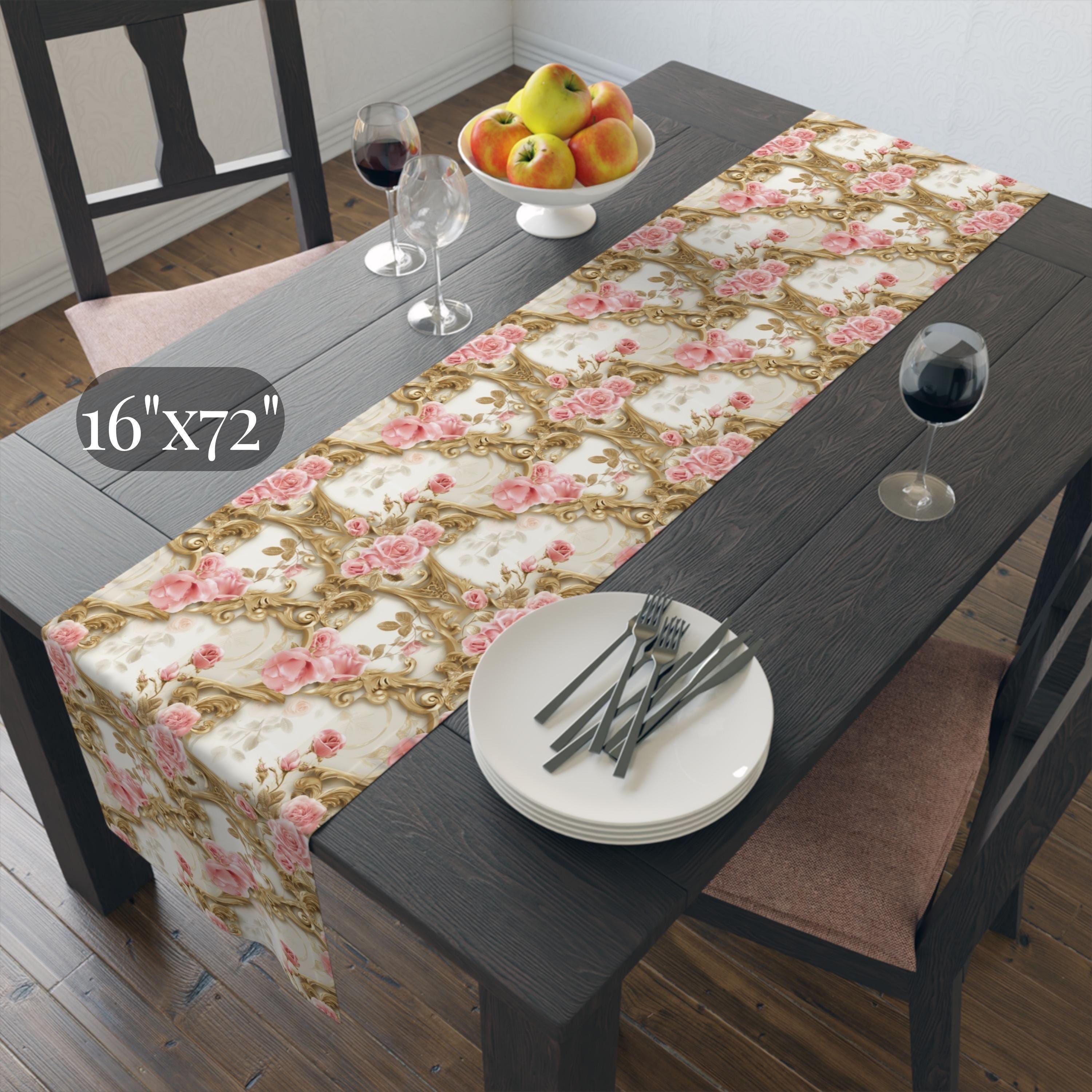 Wedding Table Runner with Pink Roses and Gold Scrollwork: Romantic Floral Decor