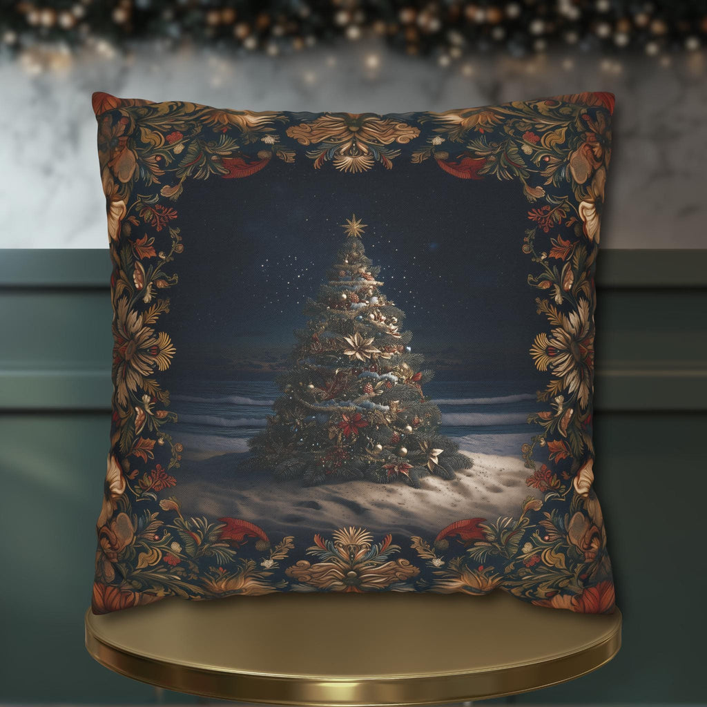 Coastal Christmas Pillow Cover: Tropical William Morris Tree, Red Gold Blue
