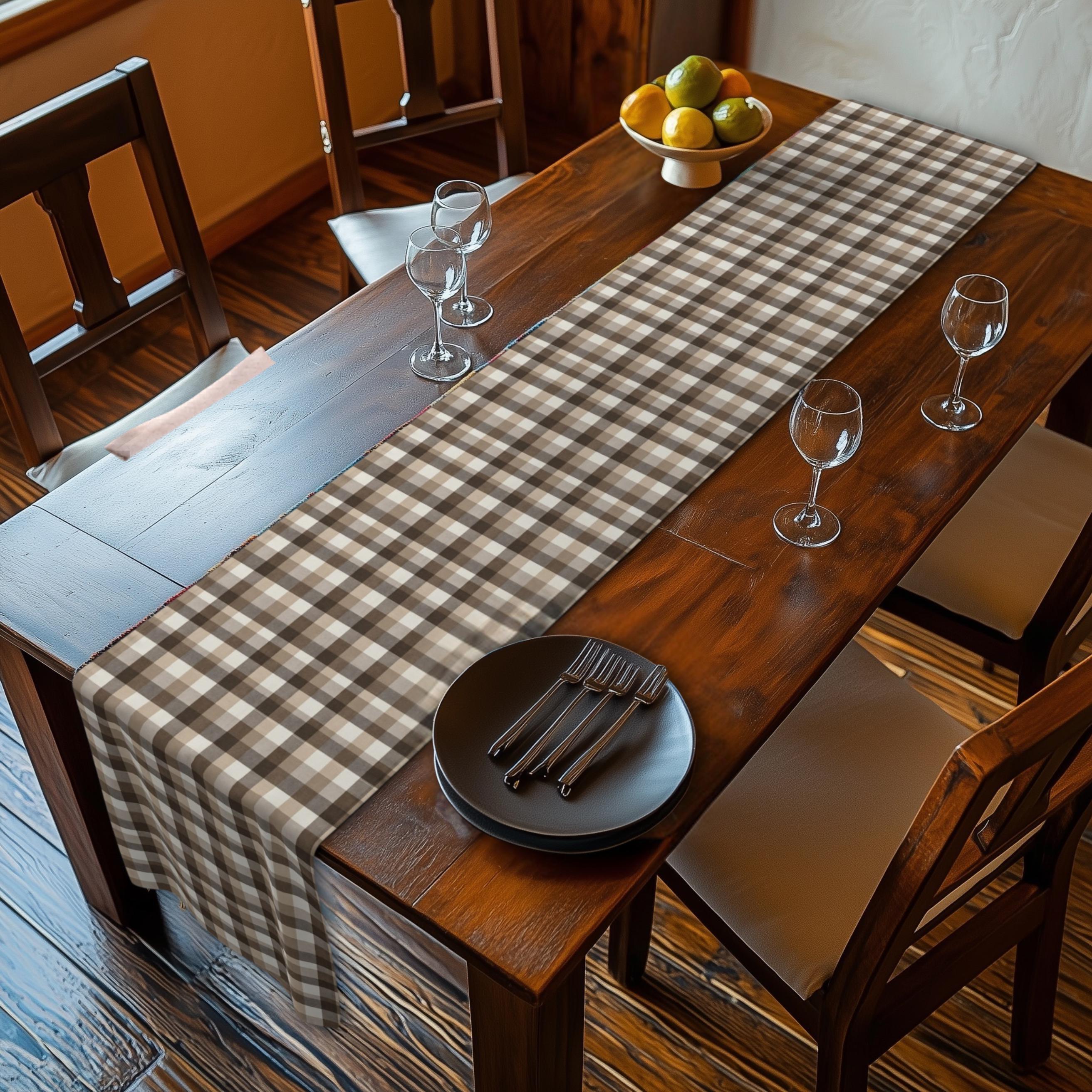Neutral Brown Gingham Plaid Table Runner: Farmhouse Buffalo Check Accent
