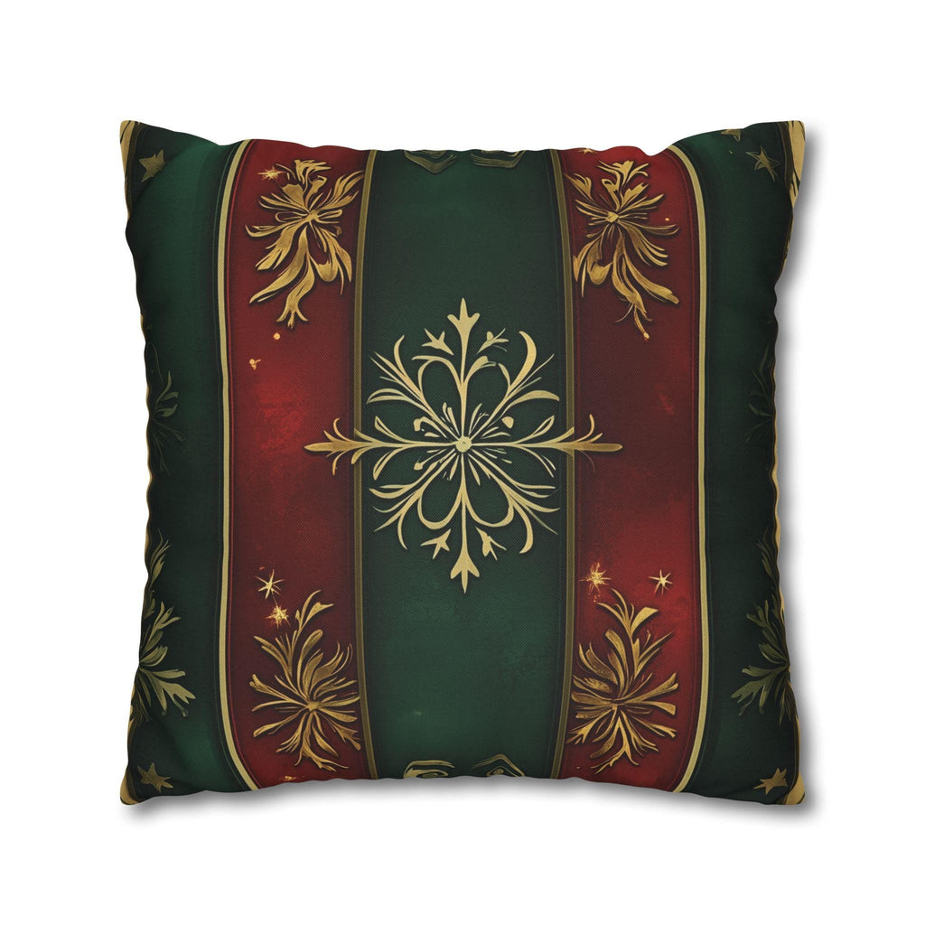 Red and Green Striped Holiday Pillow Cover: Gold Floral Accent