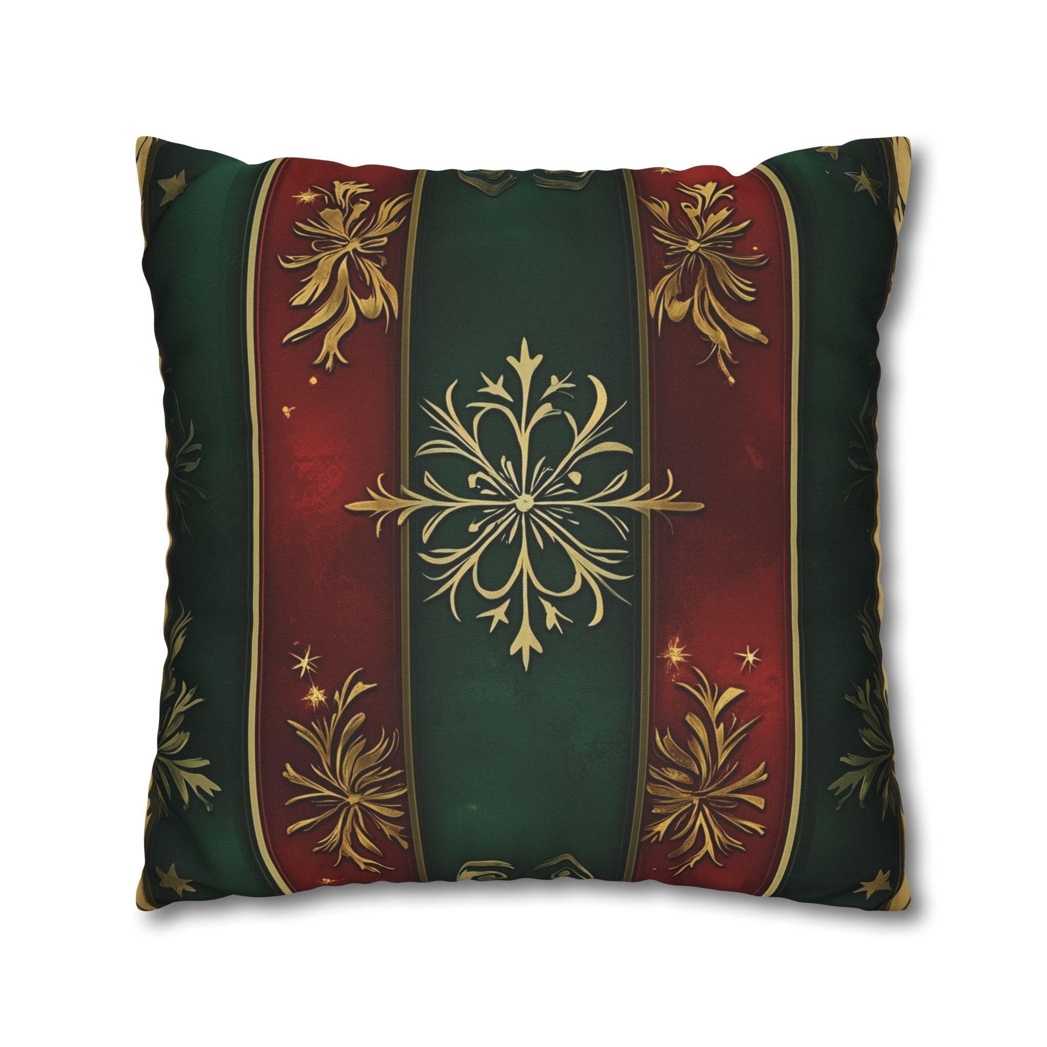 Red and Green Striped Holiday Pillow Cover: Gold Floral Accent