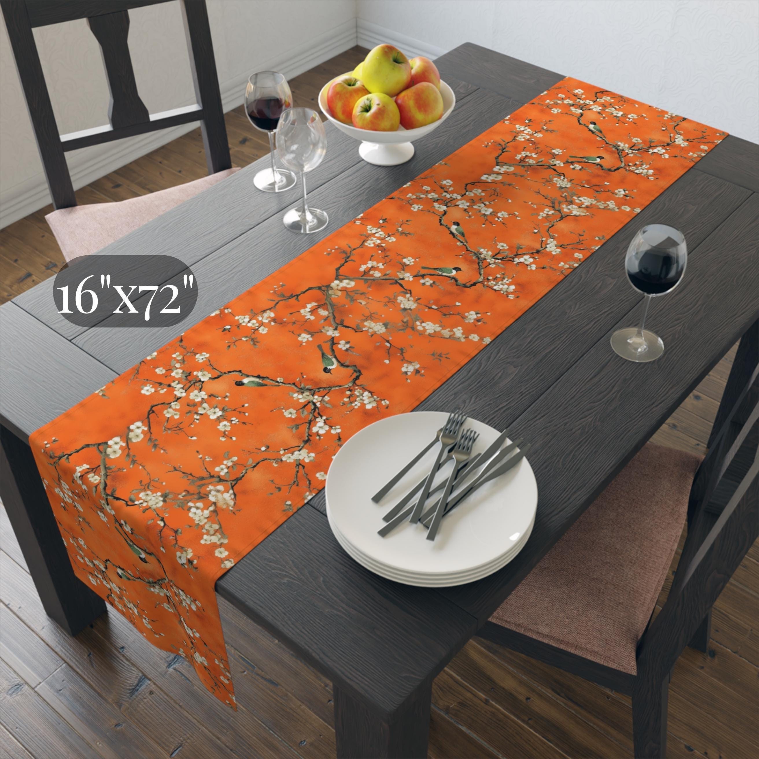 Chinoiserie Table Runner:  Burnt Orange with White Blossoms and Birds for Asian-Inspired Decor
