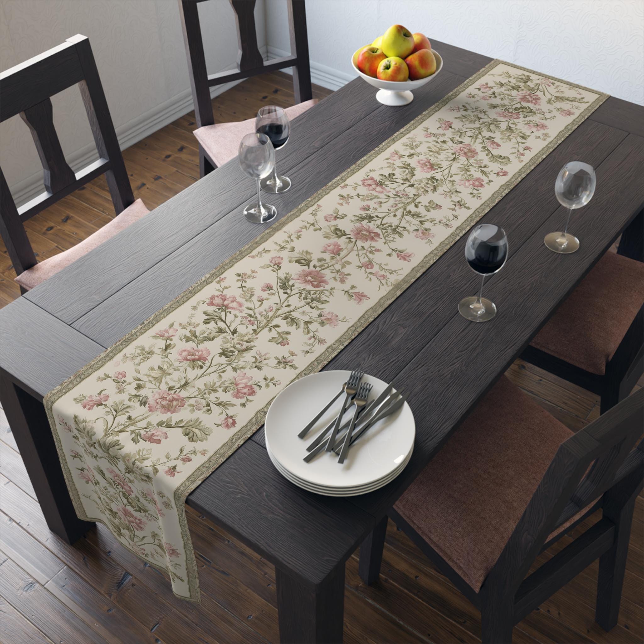 Floral Vintage Style Table Runner: Blush Rose & Sage Green, French Country Decor