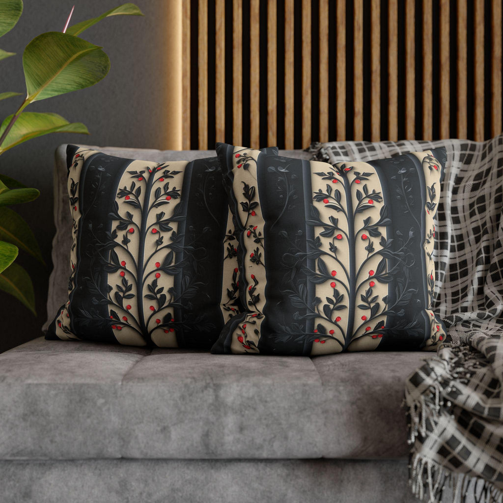William Morris Christmas Pillow Cover: Charcoal-Navy & Ivory Stripes with Red Berries