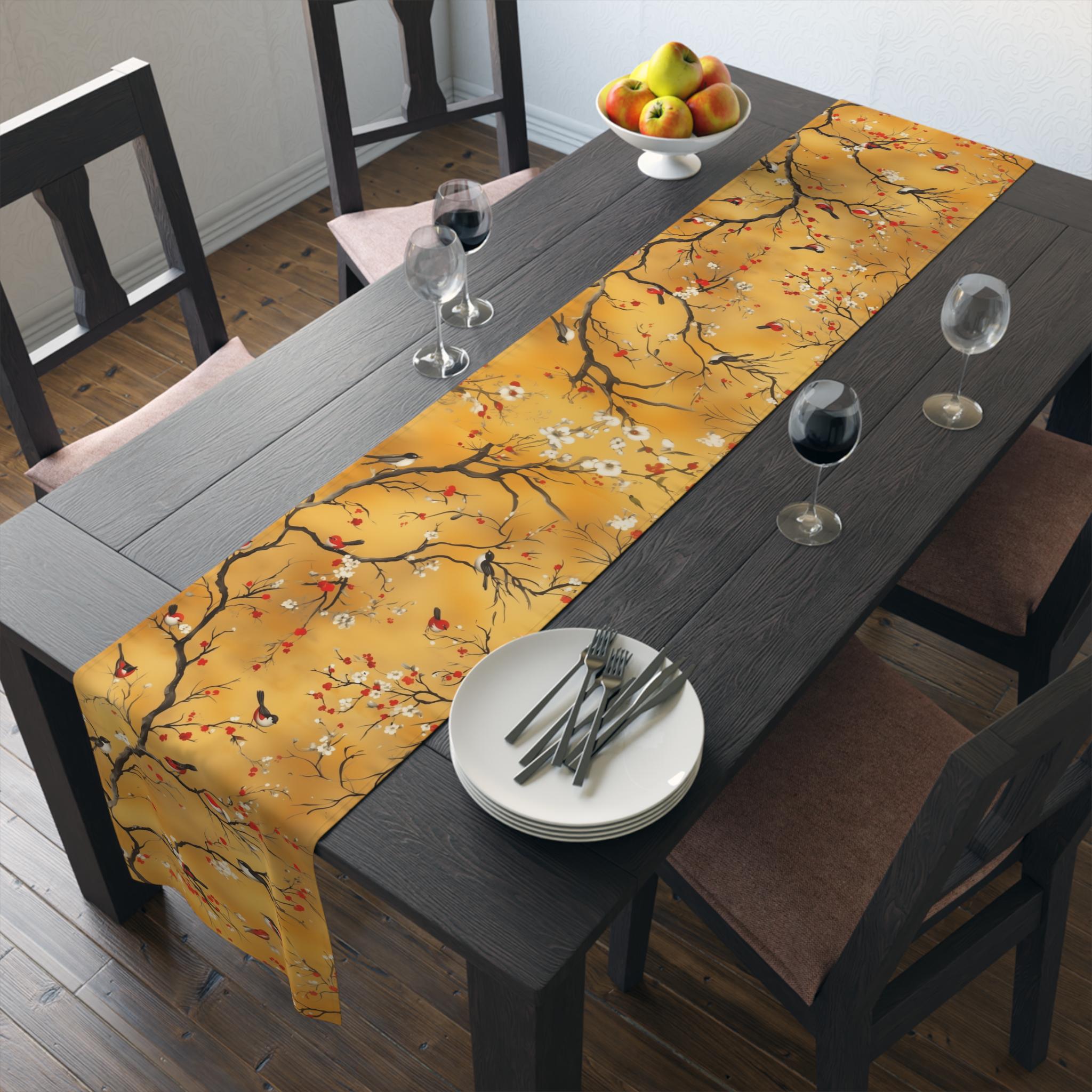 Chinoiserie Table Runner: Gold, Red Blossoms & Birds - Asian Decor