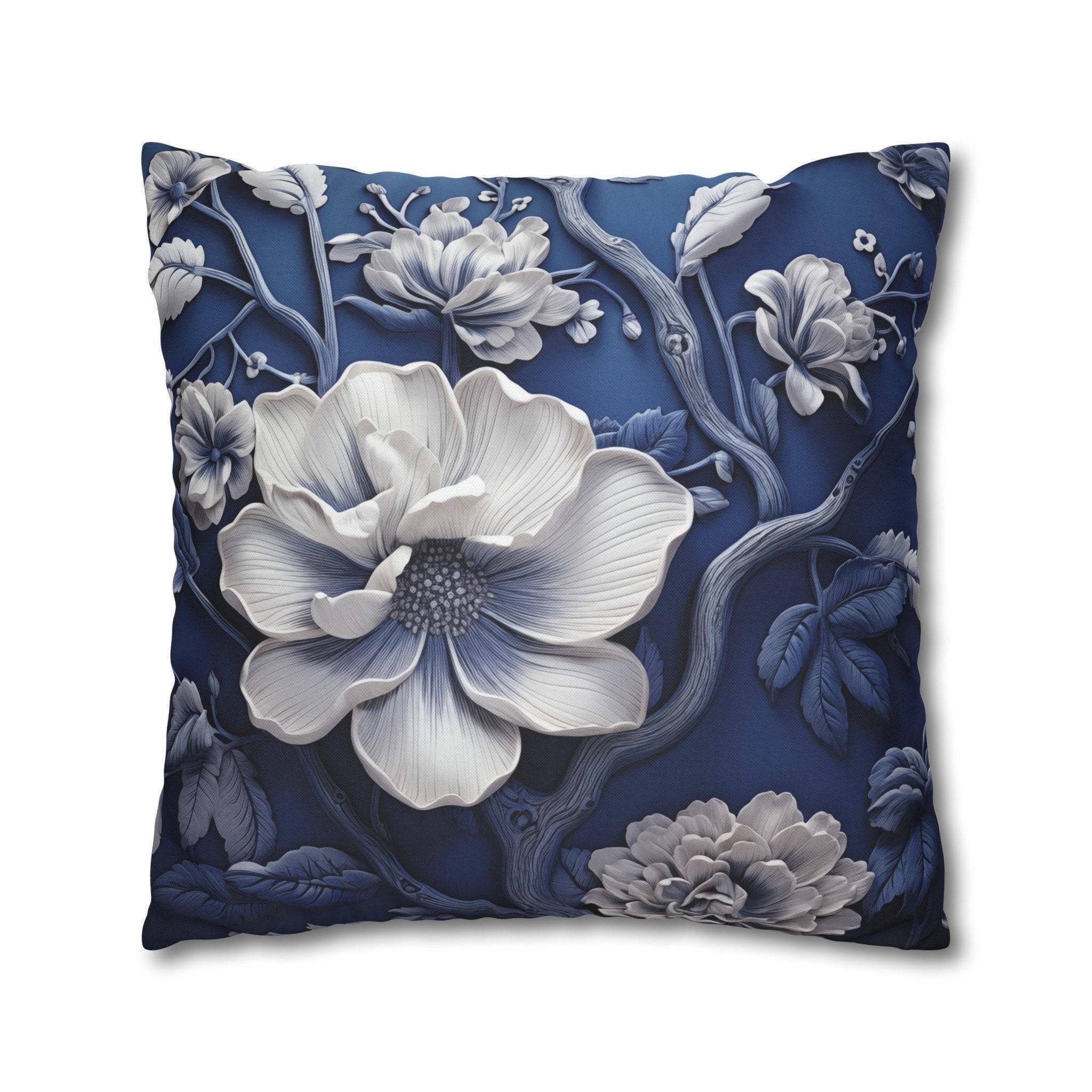 Porcelain-Style Blue Pillow Cover | Large White Blossoms Design | Chinoiserie Elegance for Home Decor