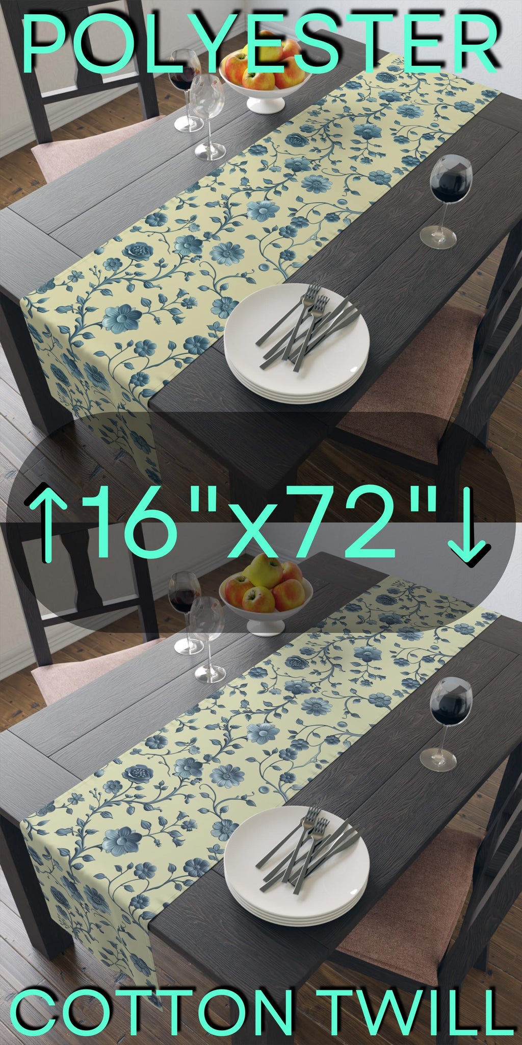 Teal Floral Chinoiserie Table Runner: Elegant Botanical Dining Decor on Buttery Yellow