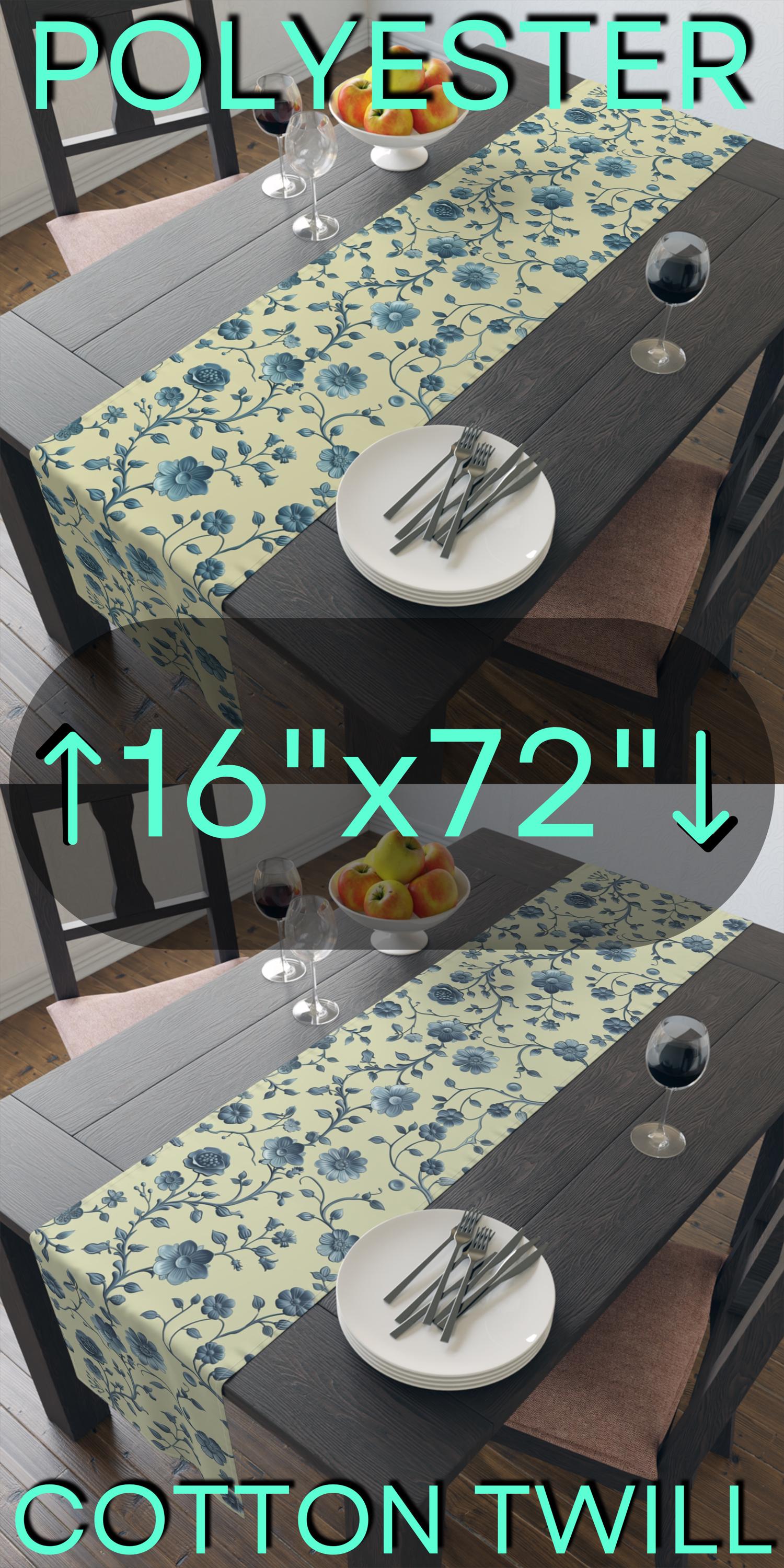 Teal Floral Chinoiserie Table Runner: Elegant Botanical Dining Decor on Buttery Yellow