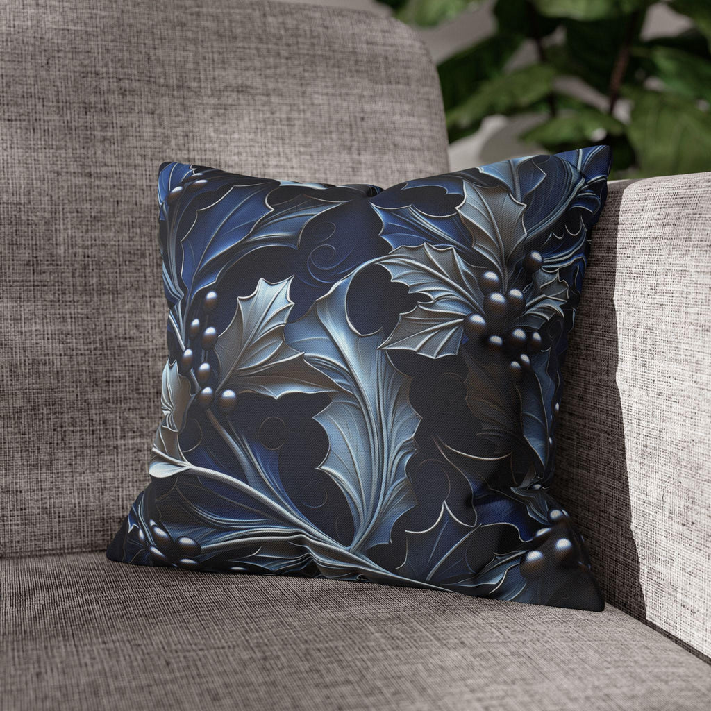 Elegant Silver & Blue Holly Leaf Christmas Pillow Cover - Moody Contemporary Holiday Decor