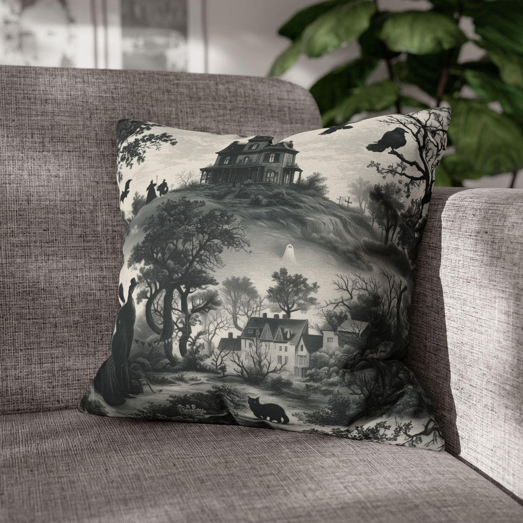 Halloween Toile Pillow Cover: Haunted House, Crows and Black Cat in Monochrome