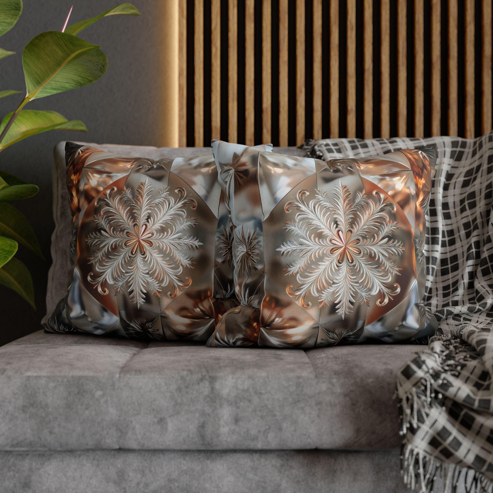 Snowflake Luxury Pillow Cover, Holiday Inspired Winter Charm, Silver Bronze Champagne Tones Square Pillowcase