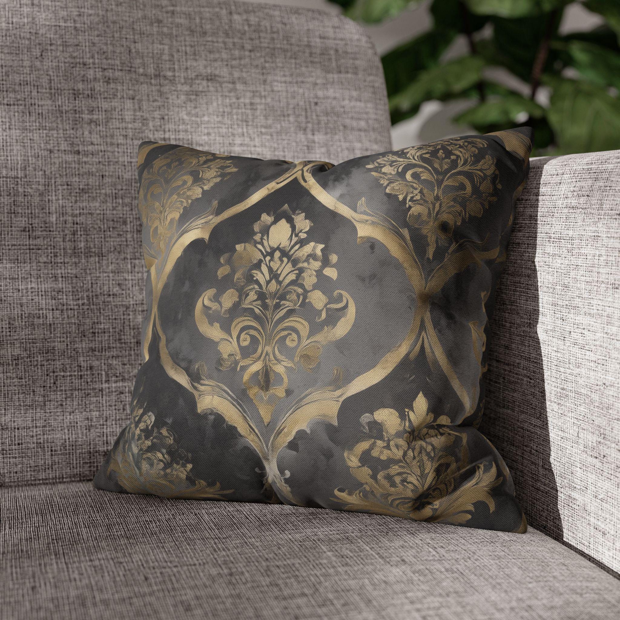 Luxurious Reversible Gold Damask Pillow Cover: Charcoal Gray Decorative Cushion for Elegant Home Decor
