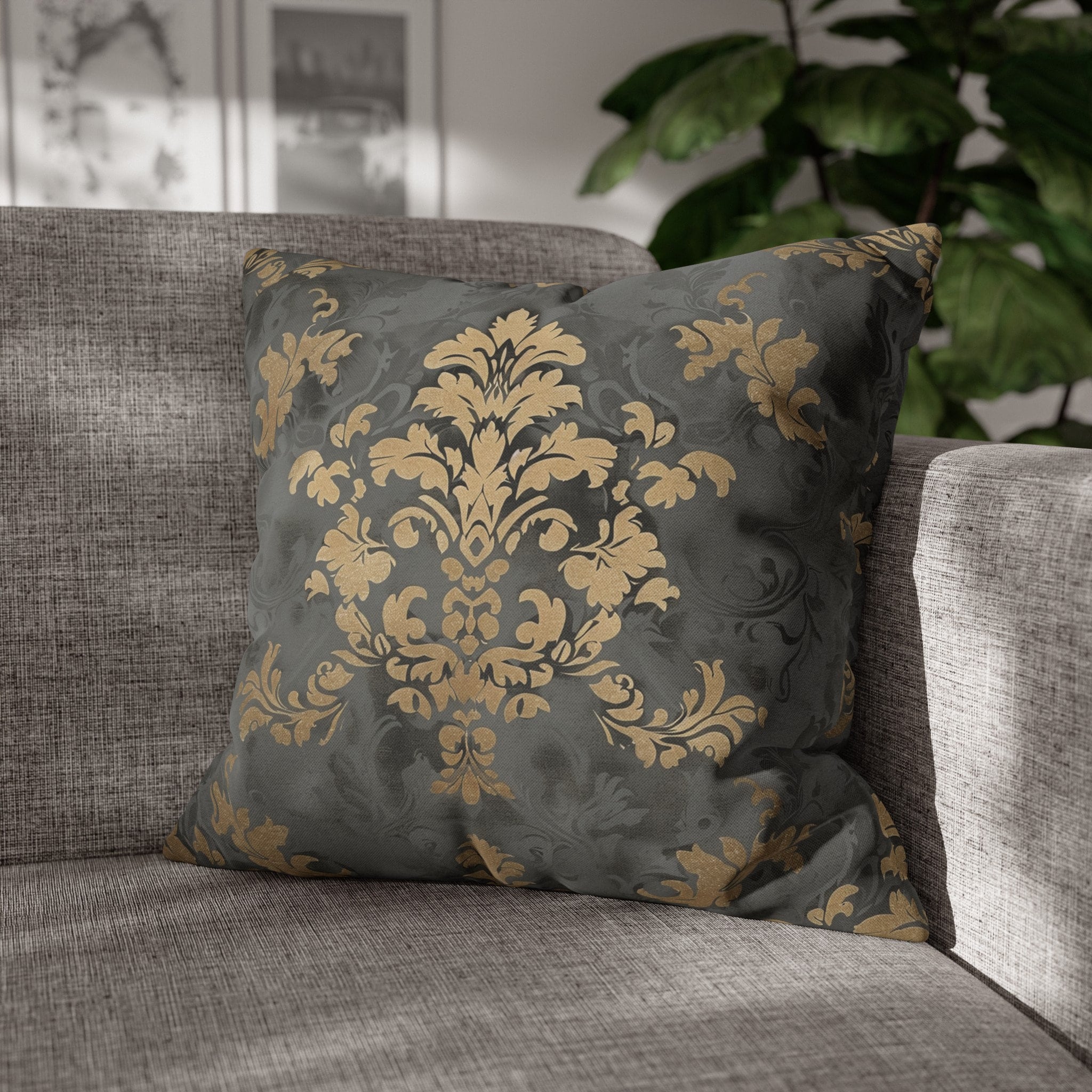 Gold Floral Damask Pillow Cover: Elegant Grey Decor