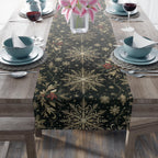 Emerald Christmas Table Runner: Elegant Gold Snowflake and Poinsettia Design for Festive Dining Decor