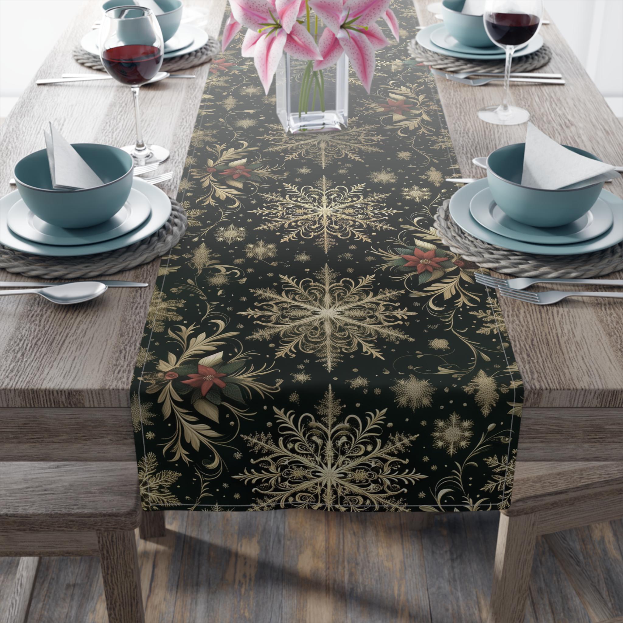 Emerald Christmas Table Runner: Elegant Gold Snowflake and Poinsettia Design for Festive Dining Decor