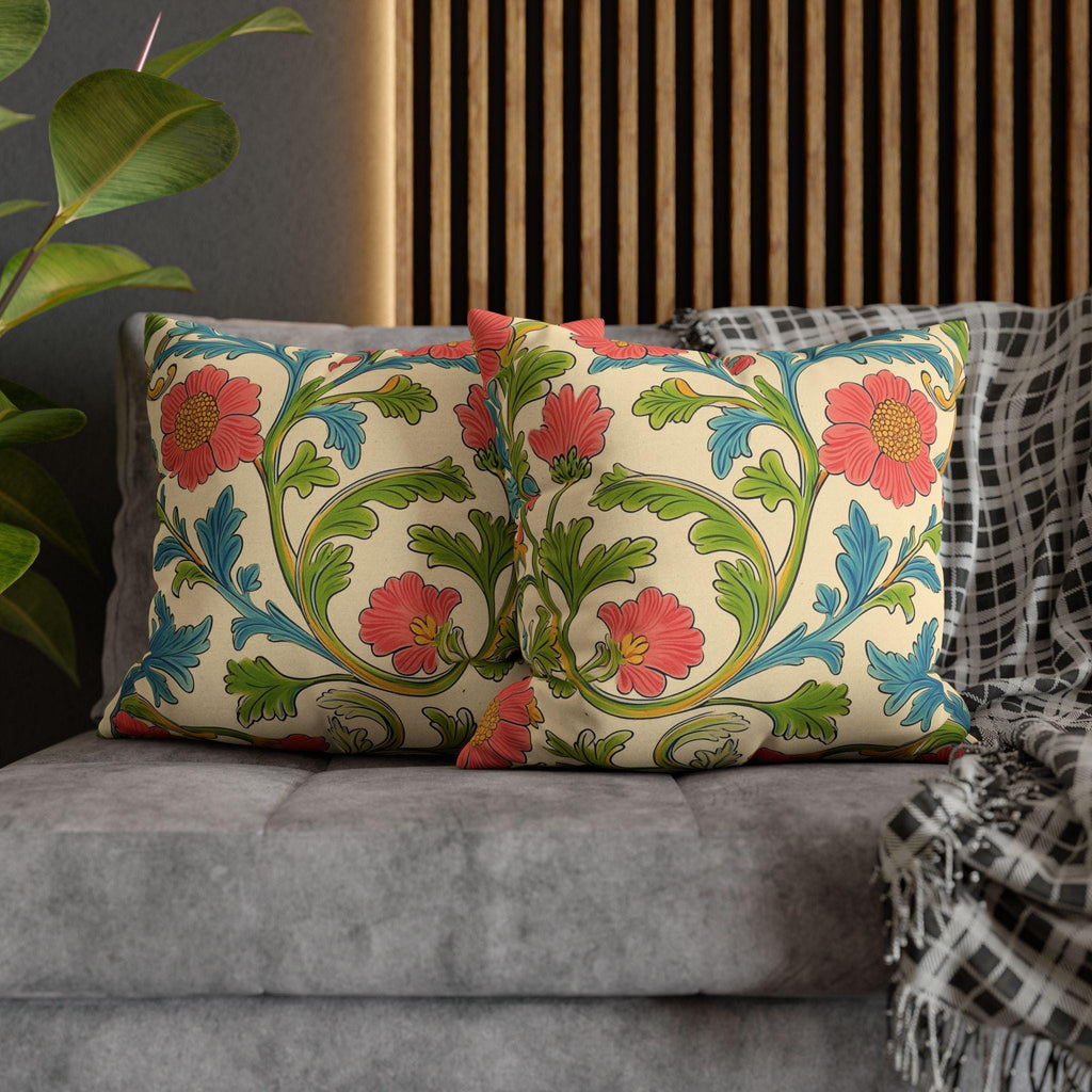 Arts and Crafts Floral Pillow Cover: William Morris Lodden-Inspired Design in Coral, Blue, Green