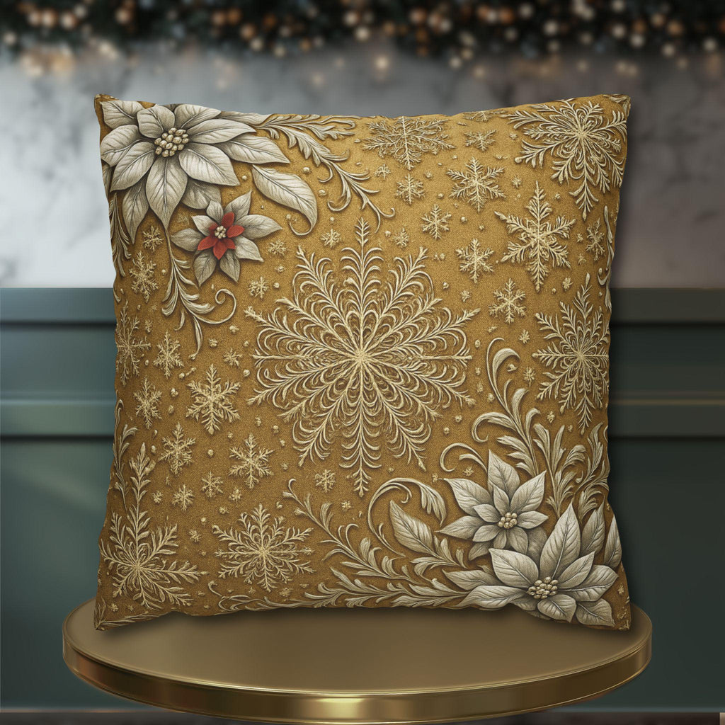 Elegant Vintage Inspired Pillow Cover: Silver Poinsettia and Snowflakes on a Rich Golden Background