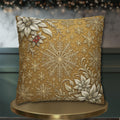 Elegant Vintage Inspired Pillow Cover: Silver Poinsettia and Snowflakes on a Rich Golden Background