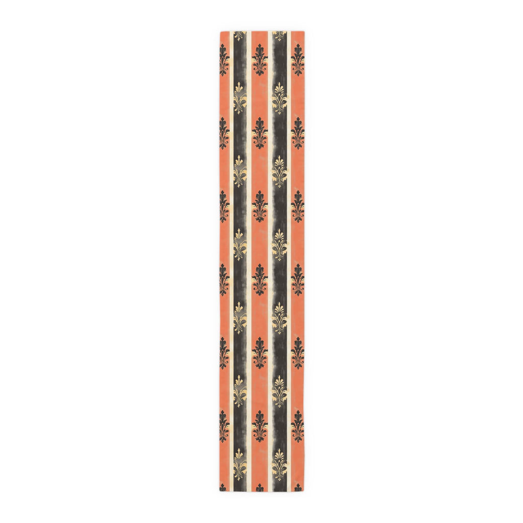 Elegant Patriotic Farmhouse Table Runner: Red, White & Navy Stripes with Gold Damask Floral Motifs