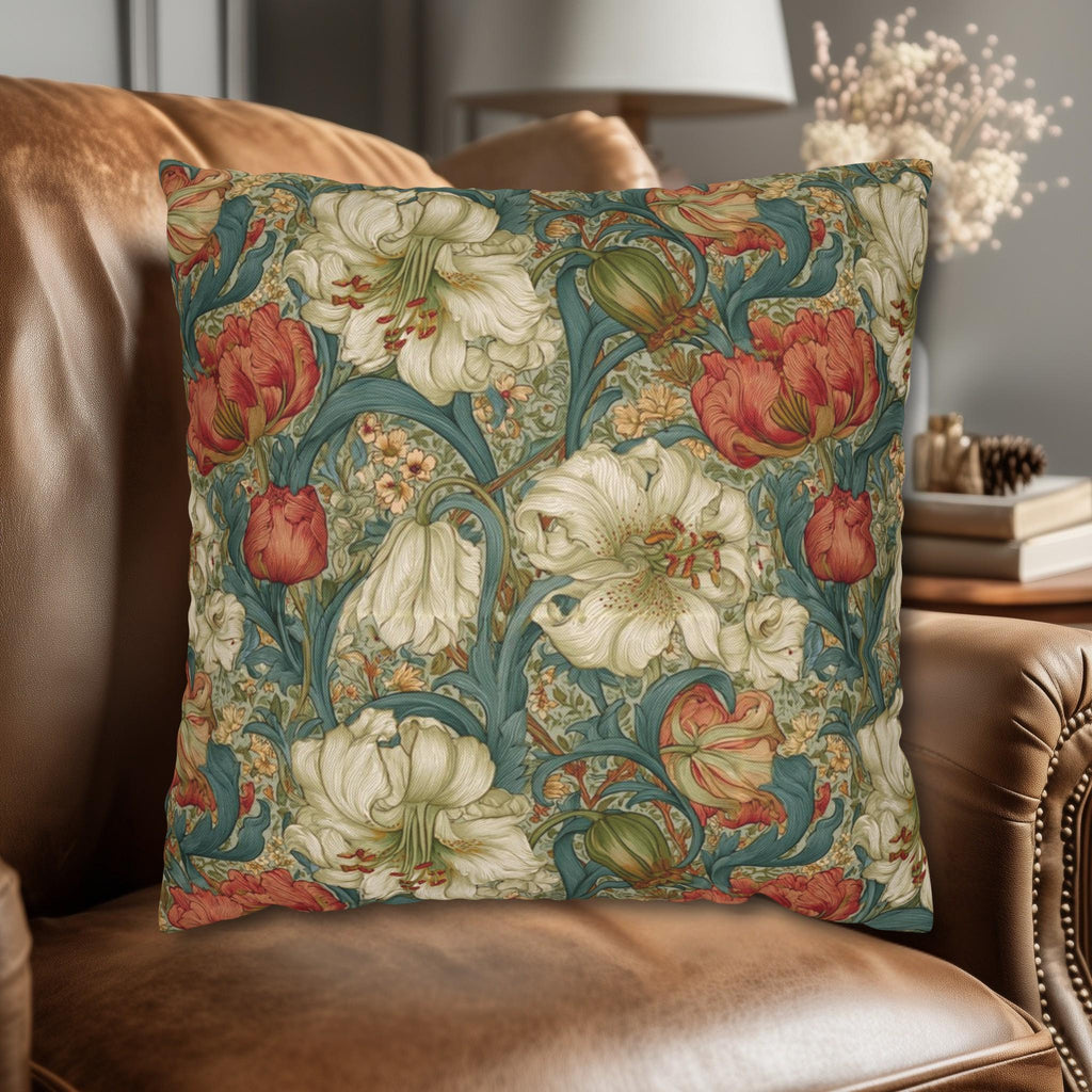 William Morris Style Pillow Cover: Ivory and Coral Lilies on a Celadon Background