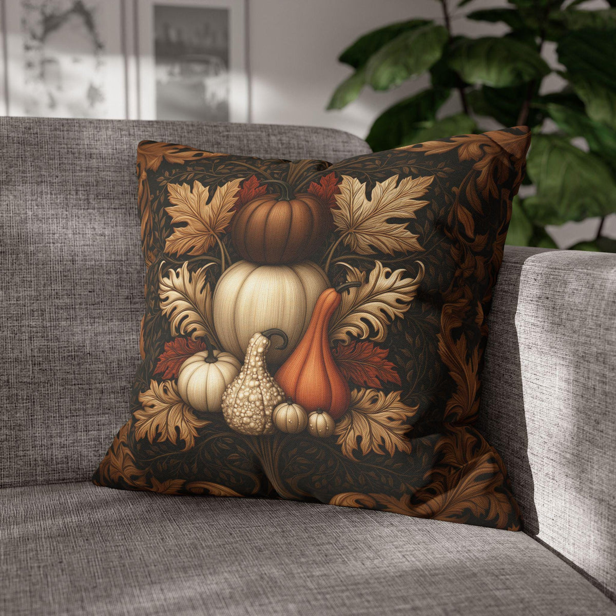 William Morris Inspired Fall Pillow Cover:  Copper, Burnt Orange, Caramel on Dark Brown