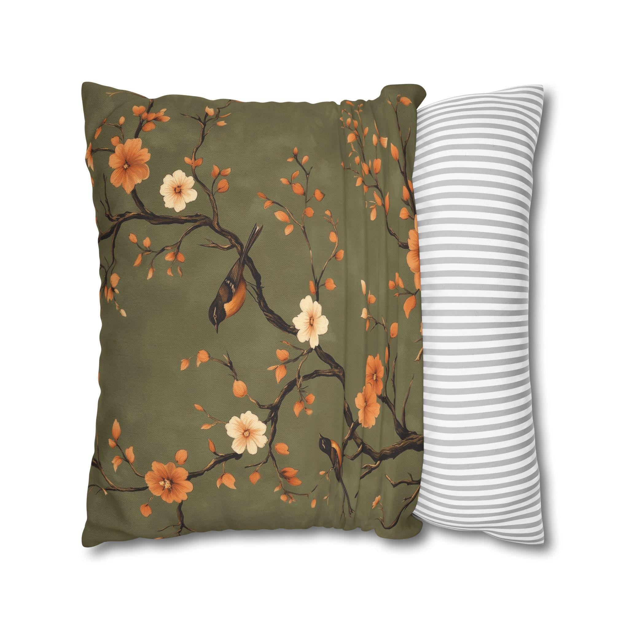 Chinoiserie Bird Pillow Cover: Peach & Brown Floral, Olive Green Accent