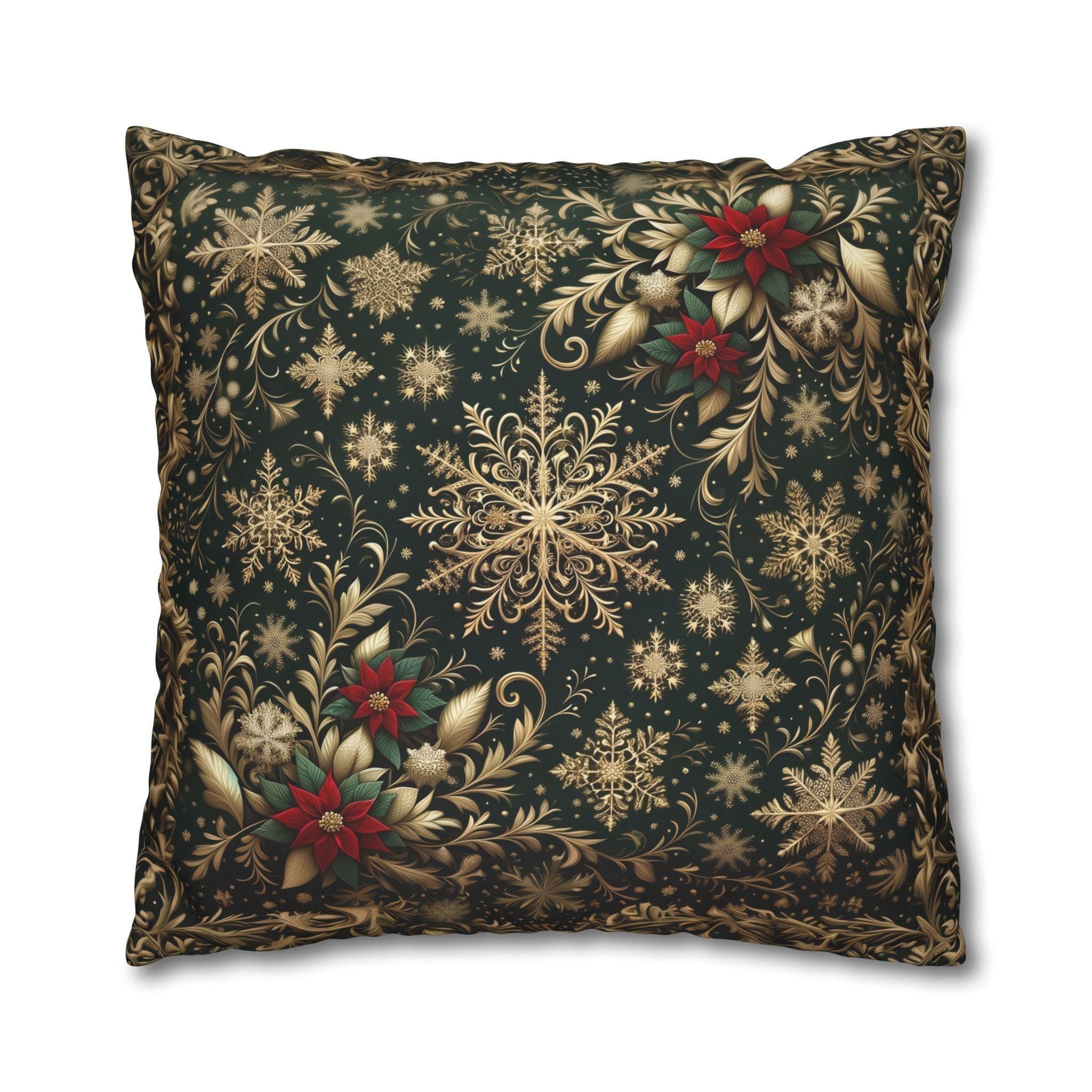 Poinsettia Christmas Pillow Cover: Gold Snowflakes on Emerald Green