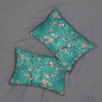Elegant Chinoiserie Teal Bird Lumbar Pillow with Coral Blossoms for Nature-Inspired Home Decor