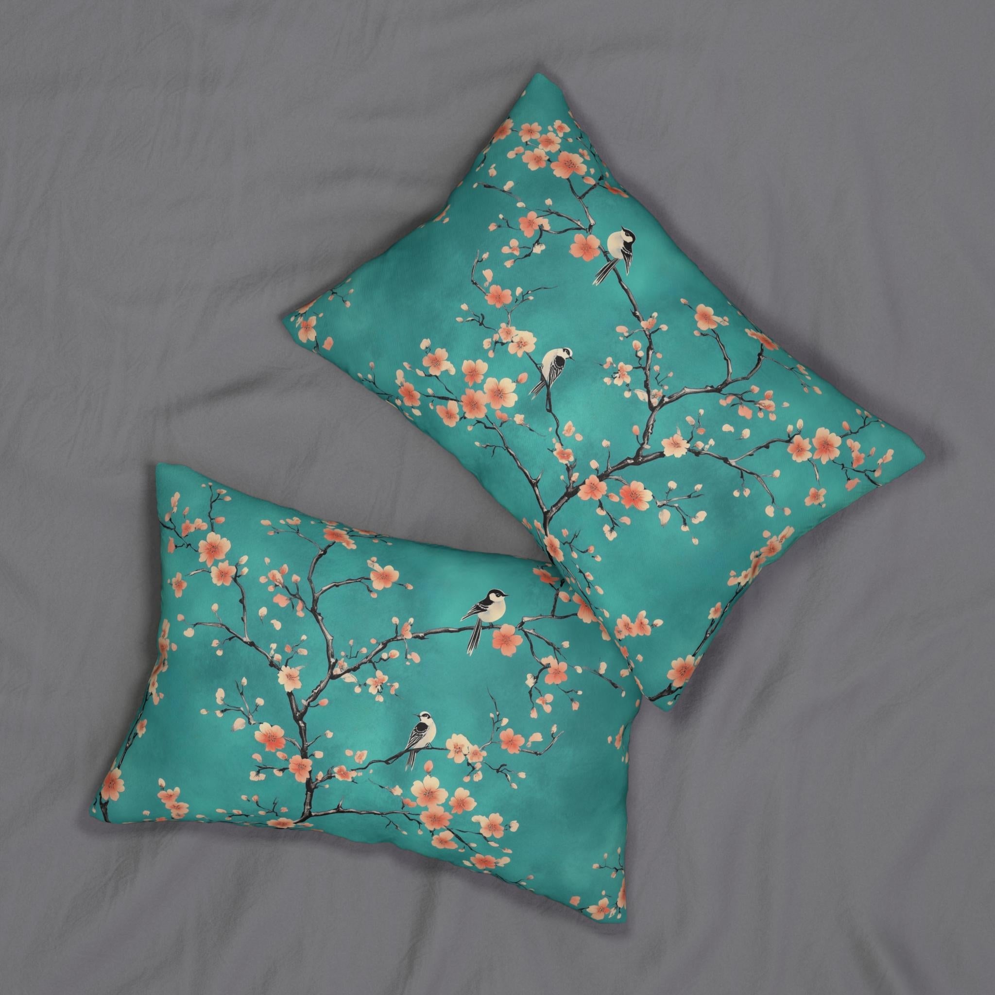 Elegant Chinoiserie Teal Bird Pillow Cover with Coral Blossoms for Nature-Inspired Home Decor