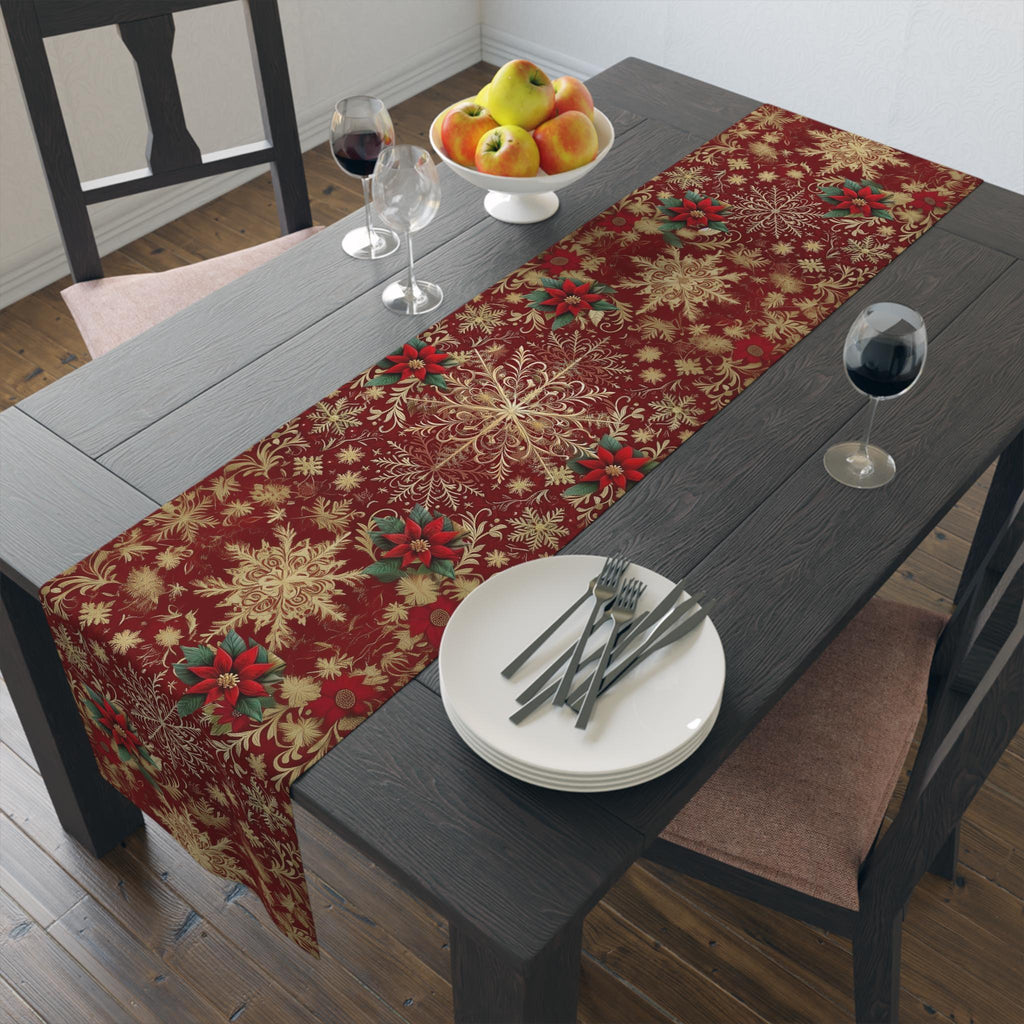 Crimson & Gold Snowflake Table Runner with Poinsettia Accents for Christmas Dining Decor