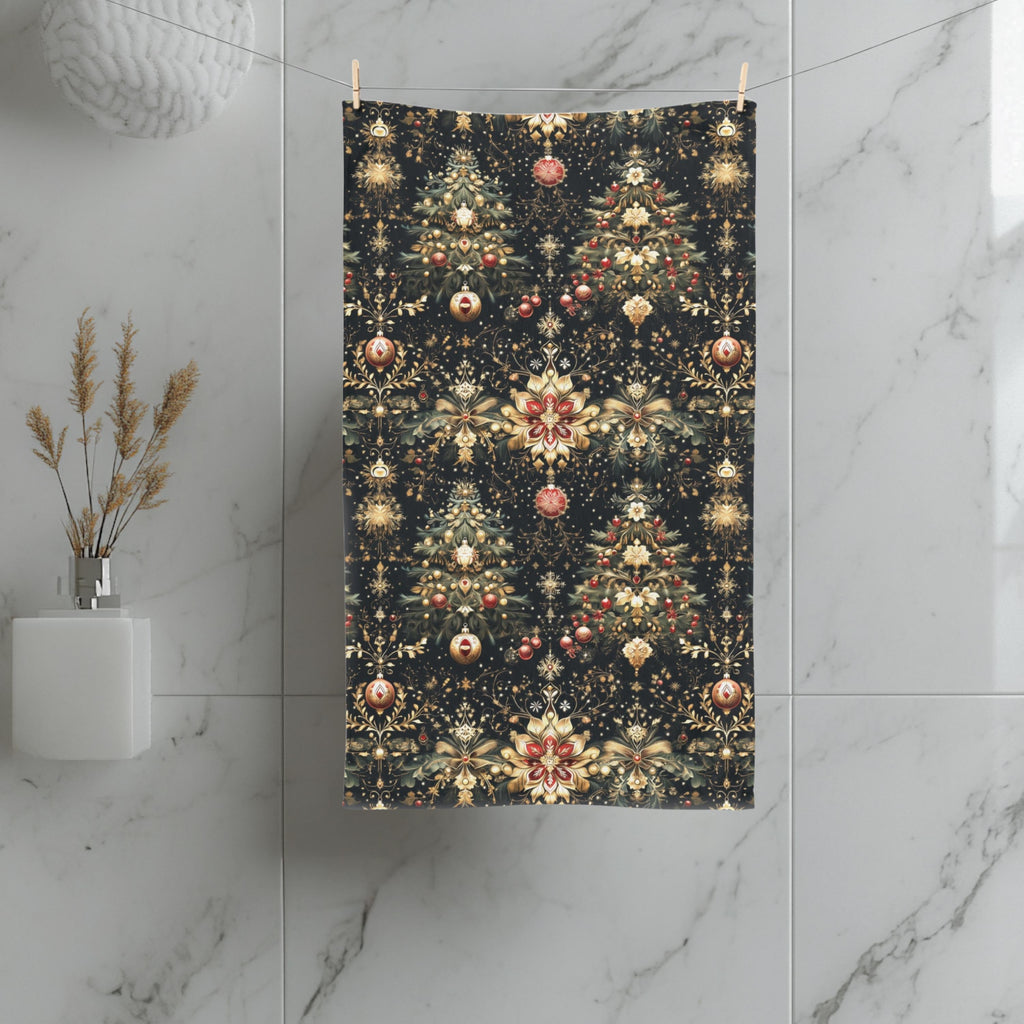 Christmas Tree Hand Towel: Luxe Gold Red & Green on Deep Charcoal Holiday Bath Decor