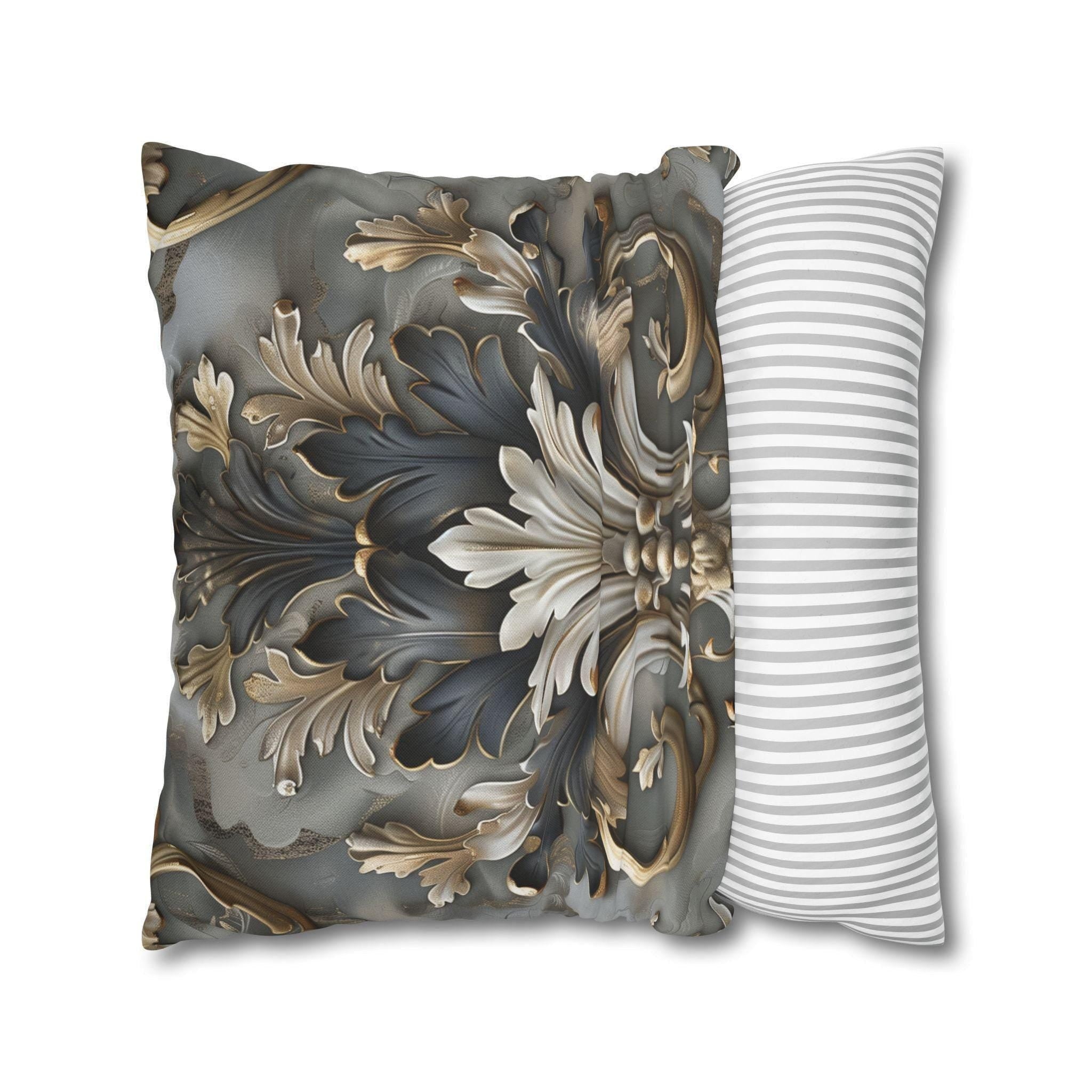 Baroque Pillow Cover: Ornate Gray, Gold, and Black Floral Design