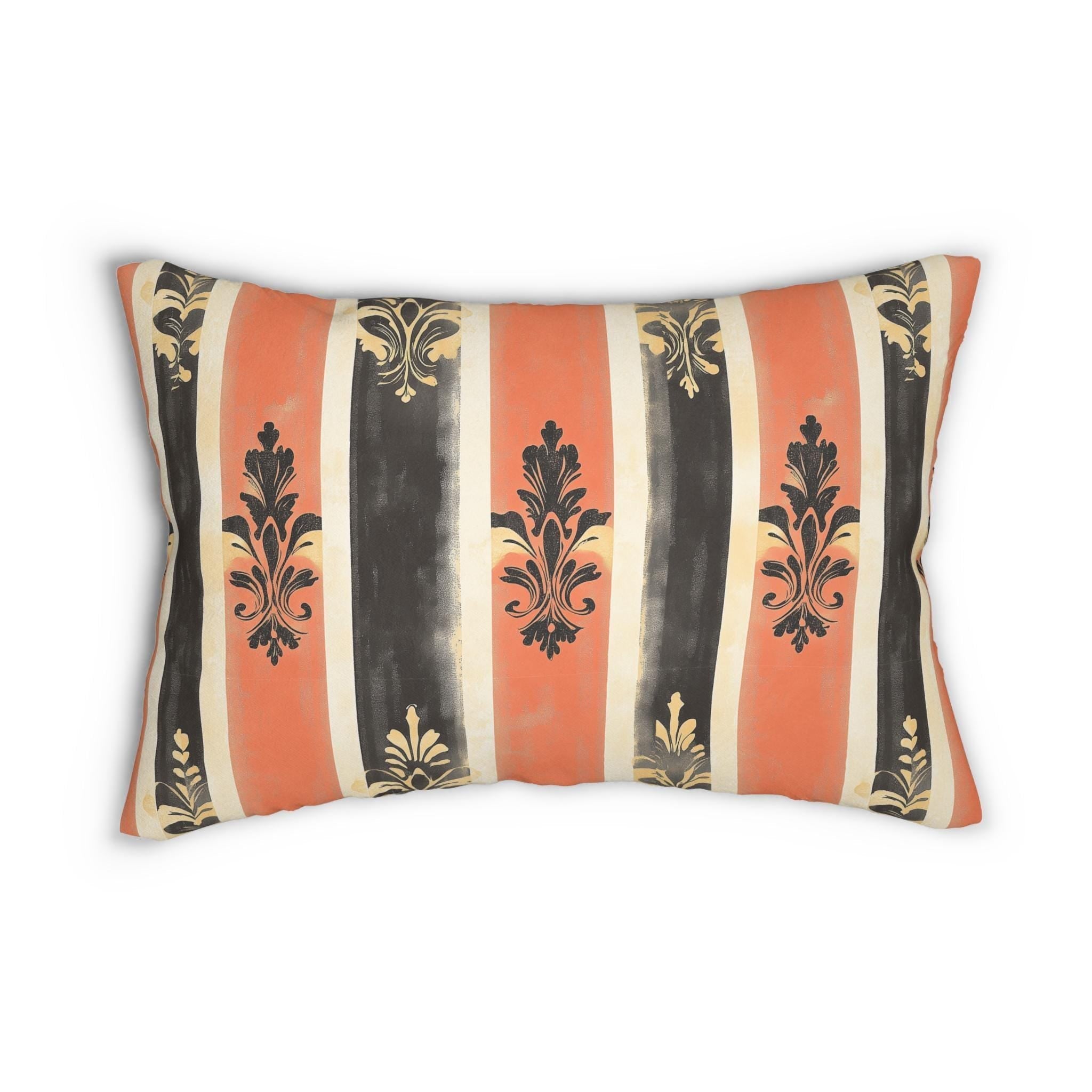 Elegant American Farmhouse Lumbar Pillow: Patriotic Stripes with Gold Damask Floral Motifs