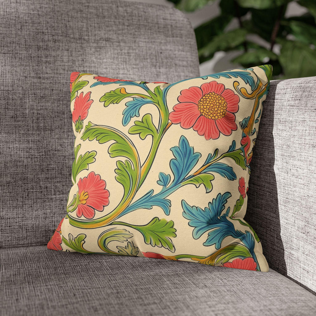 Arts and Crafts Floral Pillow Cover: William Morris Lodden-Inspired Design in Coral, Blue, Green