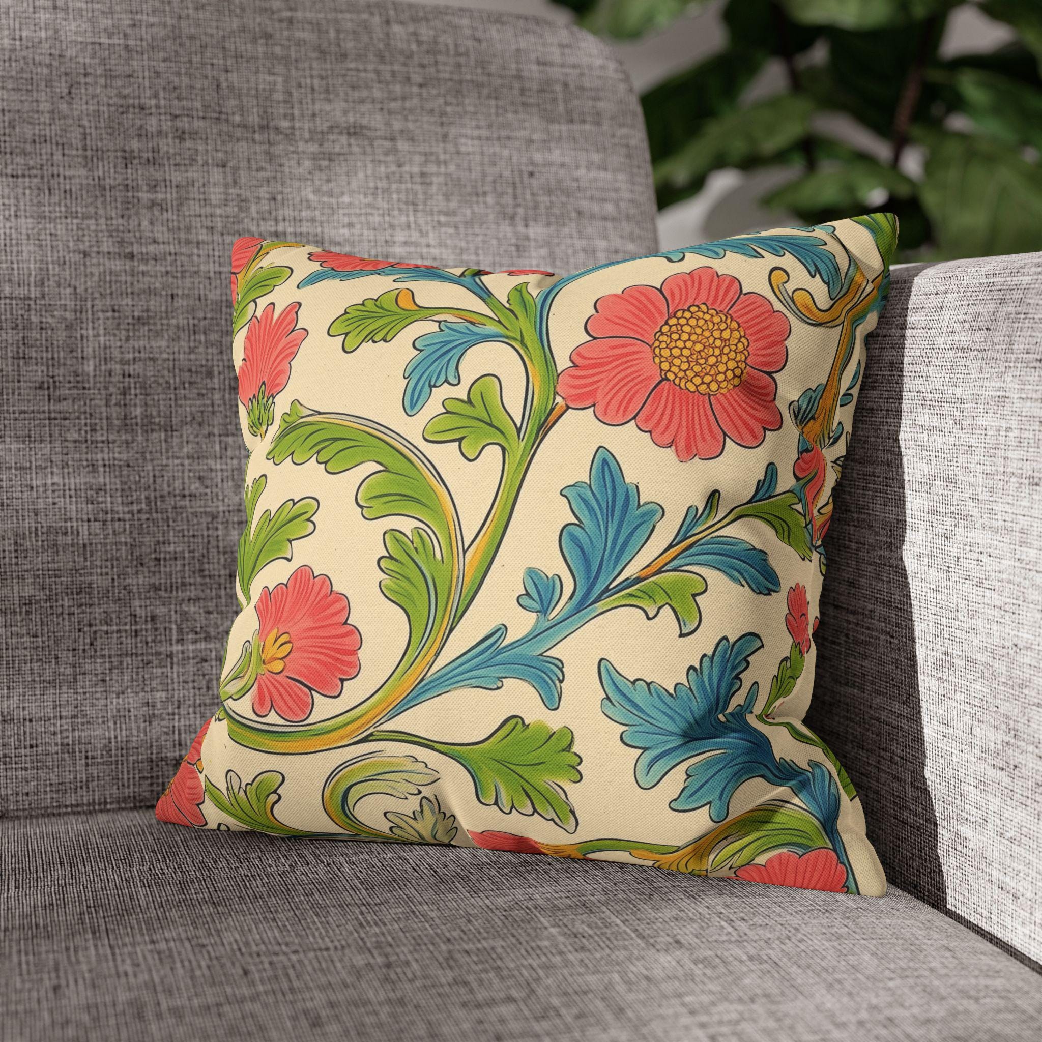 Arts and Crafts Floral Pillow Cover: William Morris Lodden-Inspired Design in Coral, Blue, Green