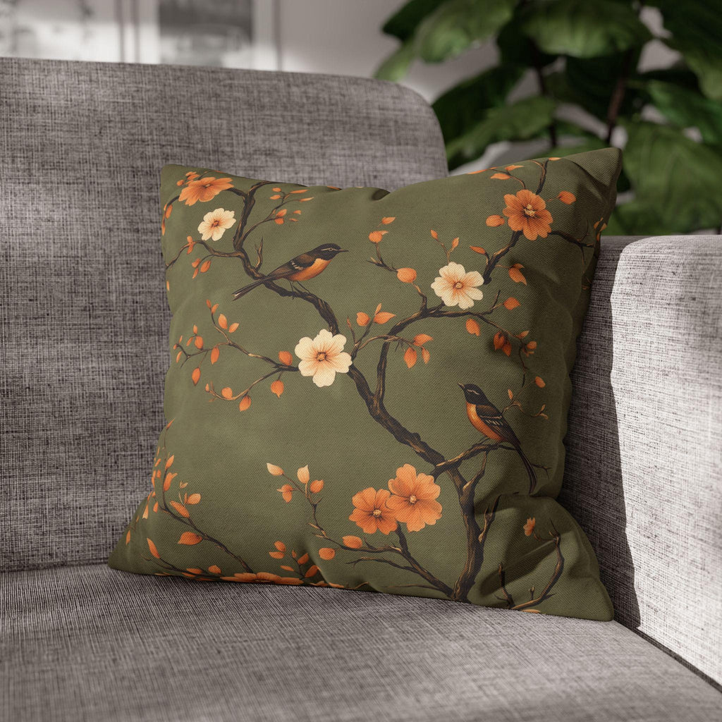 Chinoiserie Bird Pillow Cover: Peach & Brown Floral, Olive Green Accent